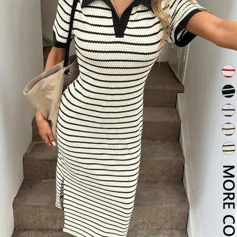 Women's Casual Polo Collar Striped Knit Dress, Split Hem, Vintage, Perfect for Back-to-School, Vacation, Office, and Casual Wear