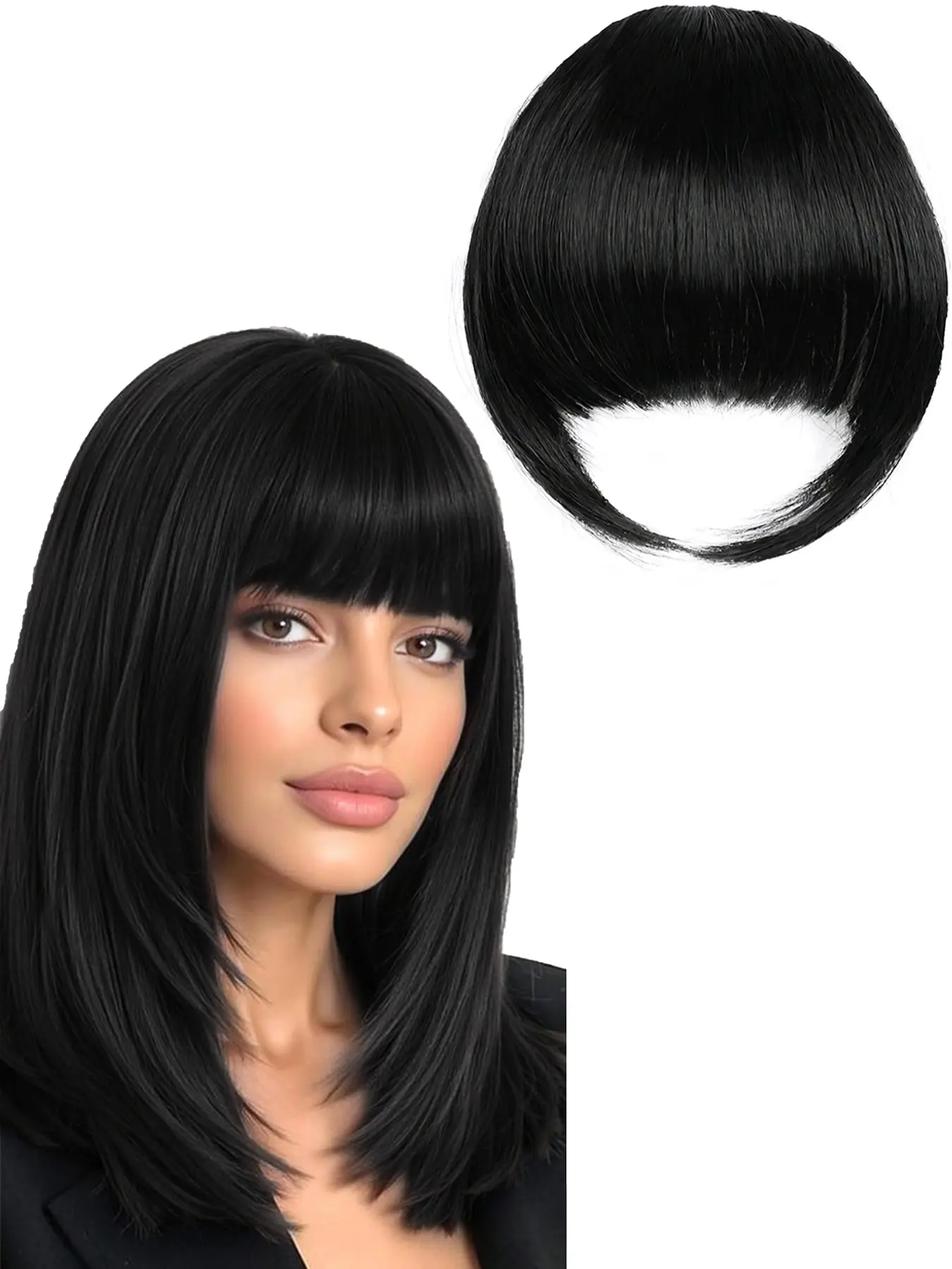 7inch clip on bangs, Fake bangs, straight bangs, French bangs with sideburns, French bangs hairpiece, synthetic wig, Synthetic hair, Synthetic Hair Pieces, full-coverage bang design, sideburn style, for women and girls, for everyday and festive occasions