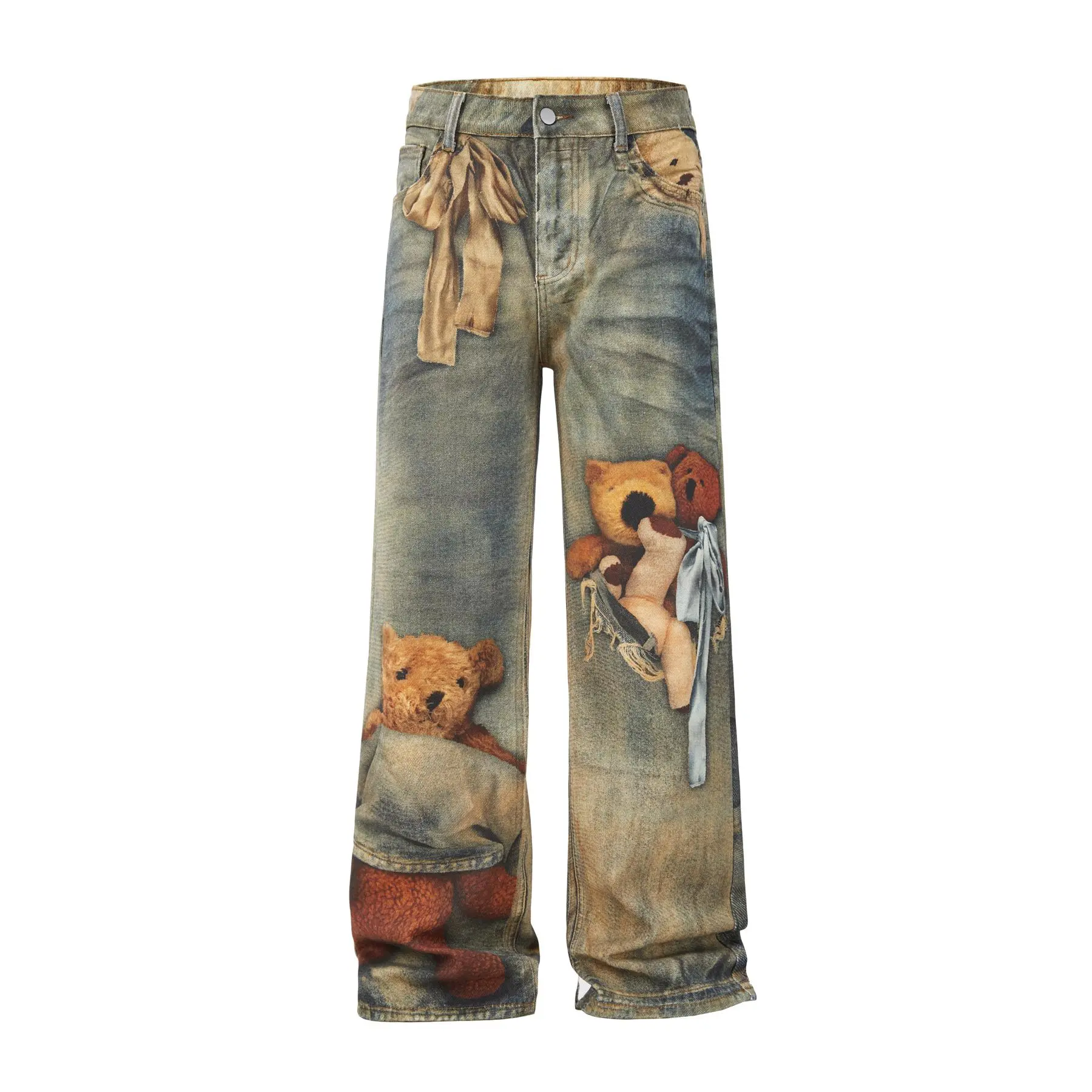 Men's 3D Digital Bear Print Denim Jeans,Casual Loose Fit Wide Leg Graphic Jeans,Retro Y2K Streetweard Illusion Trousers,Summer Vintage Outfits