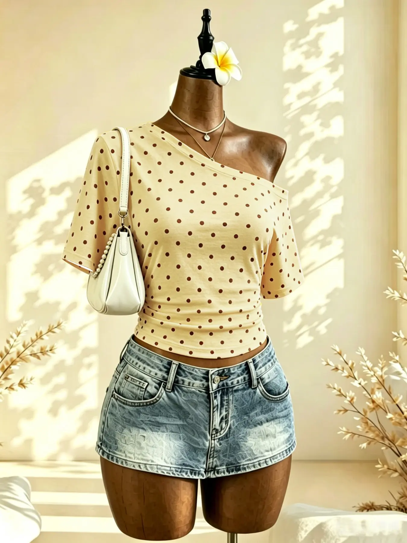 Women's Leopard Print & Polka Dot Asymmetrical One Shoulder Slim-Fit Short Sleeve T-Shirt, Casual Summer Top