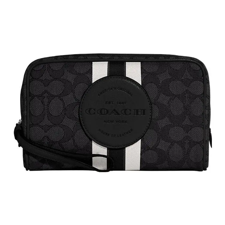 COACH Dempsey 20 Classic Monogram Stripe Print Zippered Leather Wristlet Cosmetic Bag for Women, Black