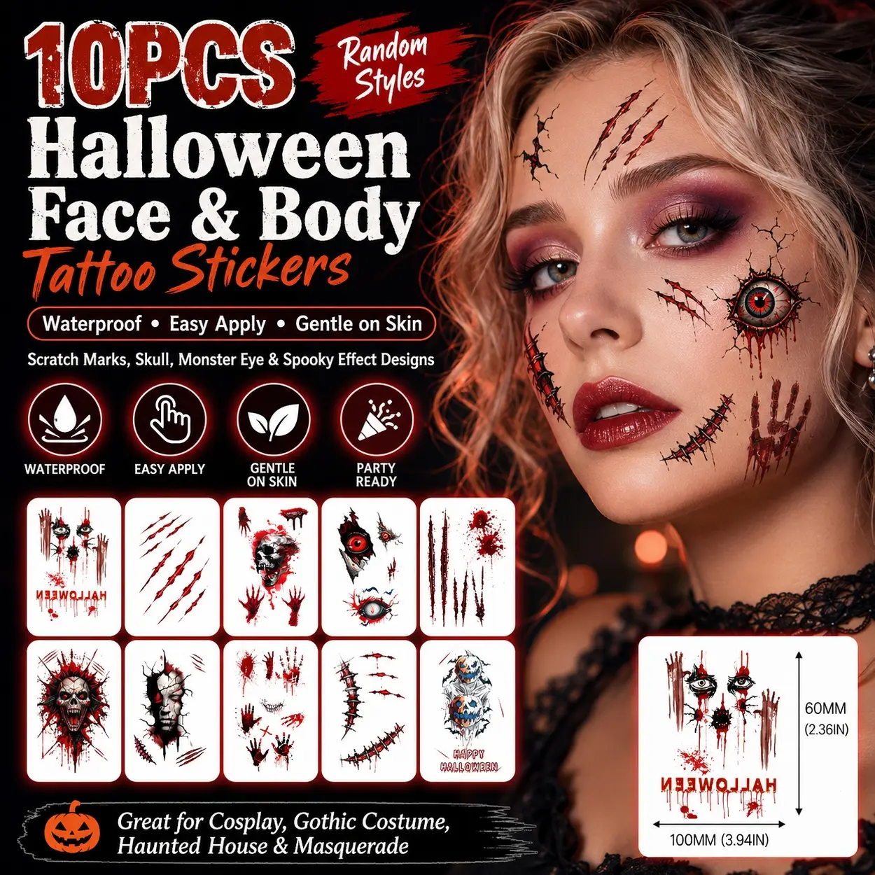 10pcs Halloween Face and Body Temporary Tattoo Stickers, Random Wound Scar Makeup Decals with Scratch Marks, Skull, Monster Eye, Zombie Effects, Waterproof Easy Apply Party Tattoos for Adults, Cosplay, Gothic Costume, Haunted House and Masquerade Looks