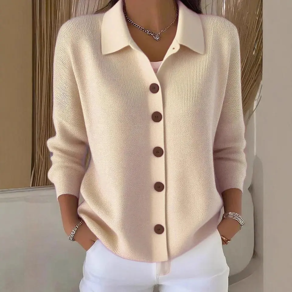 Women’s Minimalist Solid Collared Knit Cardigan - Button-Front Relaxed Long-Sleeve Everyday Blouse Garment, Elegant Casual Fall-Winter Layering Top with Premium Fabric