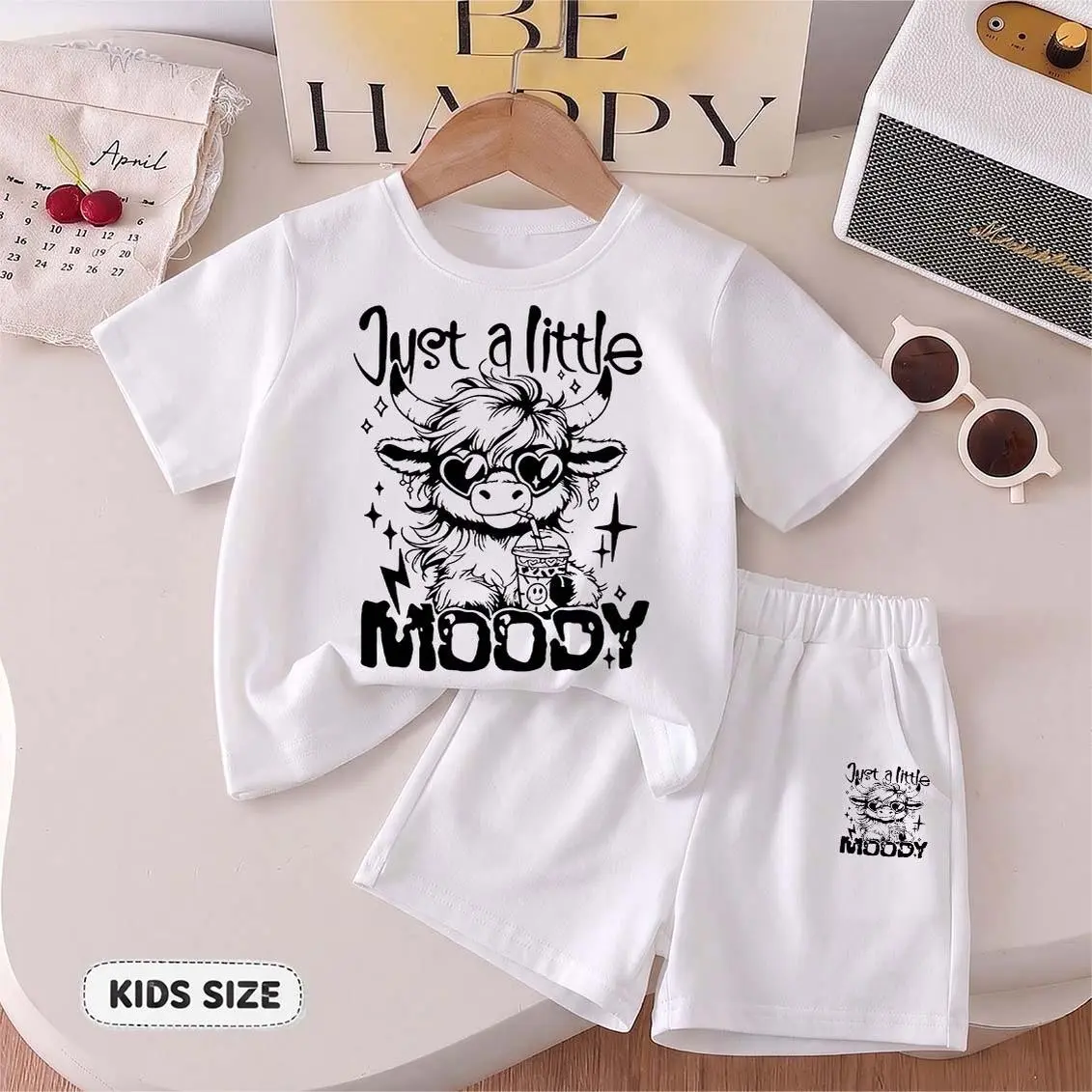 Kids' Coordinated "Just a Little Moody" Cartoon Print Crew Neck Short-Sleeve T-Shirt & Shorts Set - Casual Breathable Comfortable Summer Boys' Clothes for Everyday Wear, Outdoor Play, Elastic Waist, Short Sleeve Tops