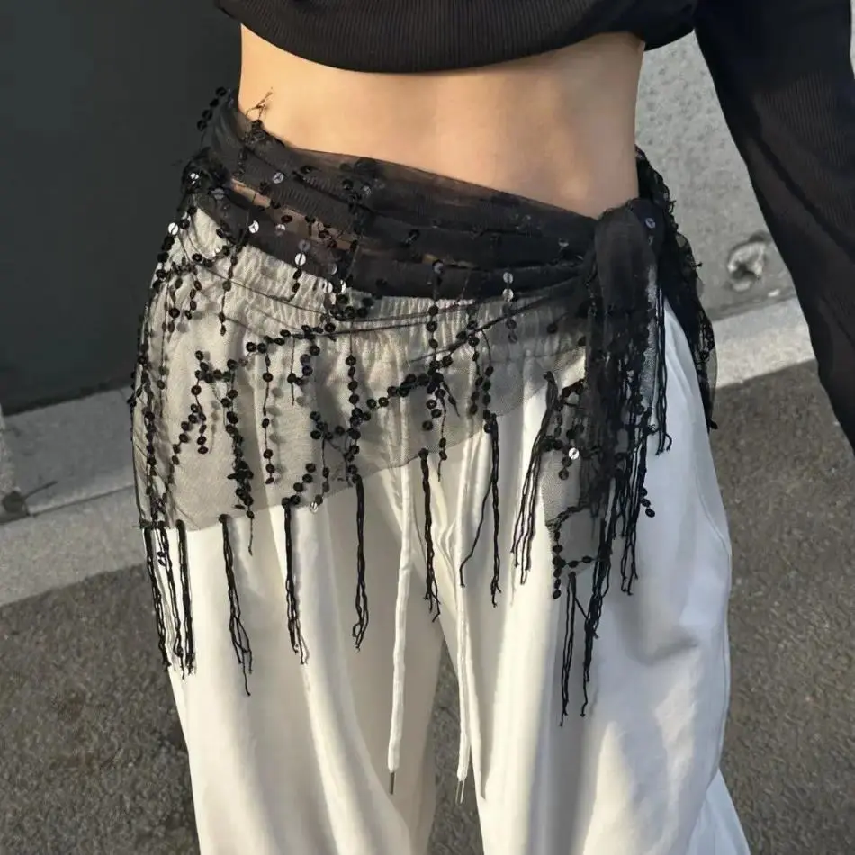 Women's Sequin Fringe Scarf Wrap Waist Belt - Boho Bag Accessory for Belly Dance Stage Wear, Festival Costumes, Statement Belts