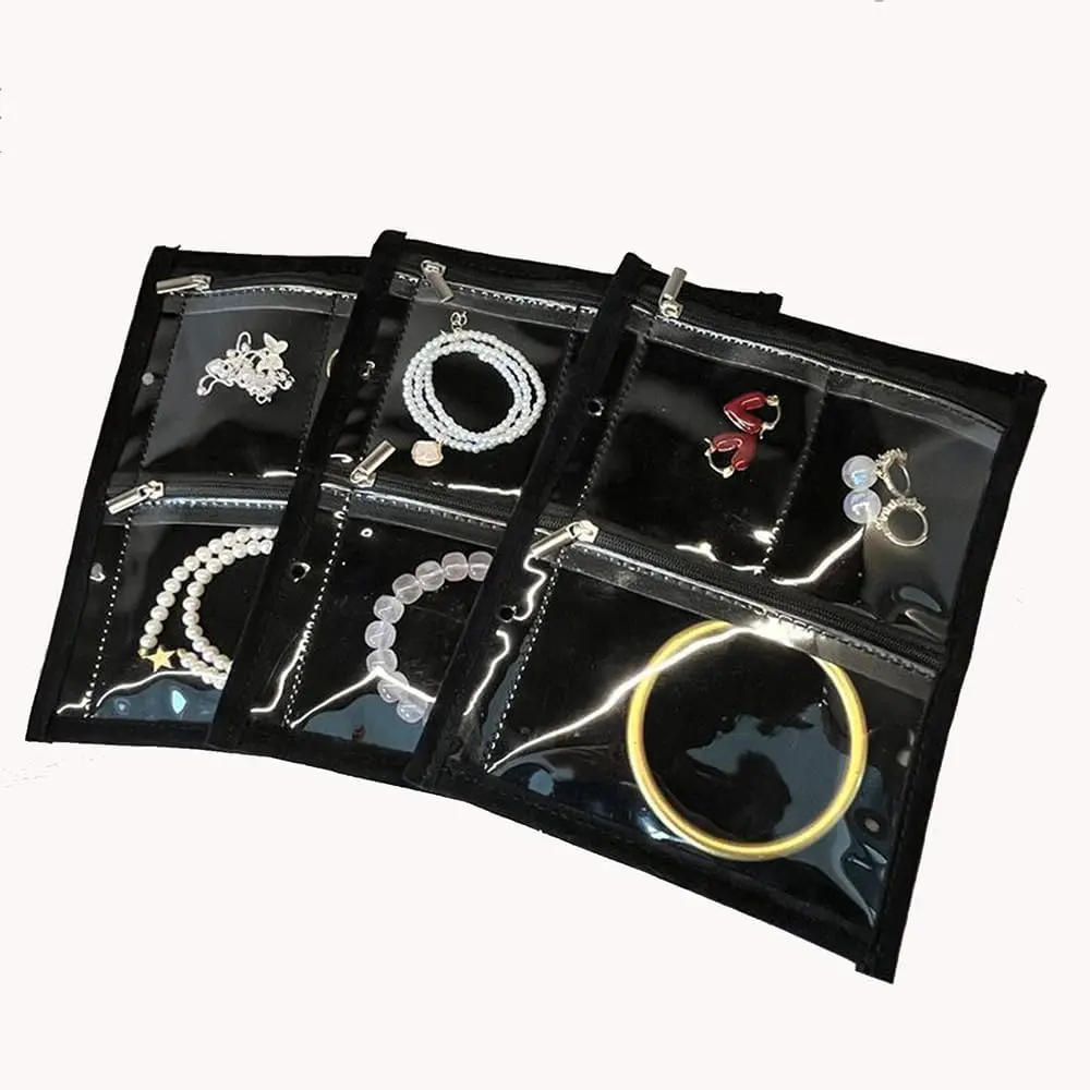 Travel  Organizer Case with Clear Zipper Pouches,3pcs   Storage Book Binder, Multi-Layer Inner Pages for Earrings/Rings/Necklace/Bracelet, Compact & (Black lining)