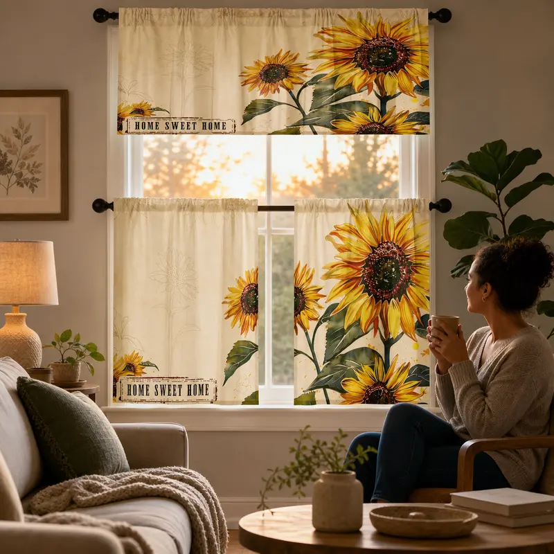 SoftHaven USA-Made Durable Polyester Botanical Print Curtain - Dustproof, Fade-Resistant, Machine-Wash Easy, Non-Customised Farmhouse Sunflower & Summer Floral Valance/Tier Drapes for Living Rooms/Kitchen Home Decor
