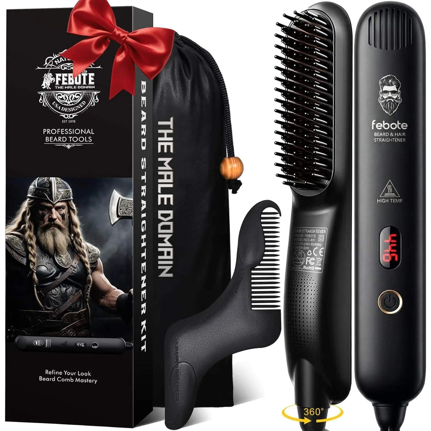 Men's Heated Ionic Hair Straightening Brush - 5 Temperature Settings, Anti-Scald, Beard Shaper Tool, Travel Ready with Travel Bag