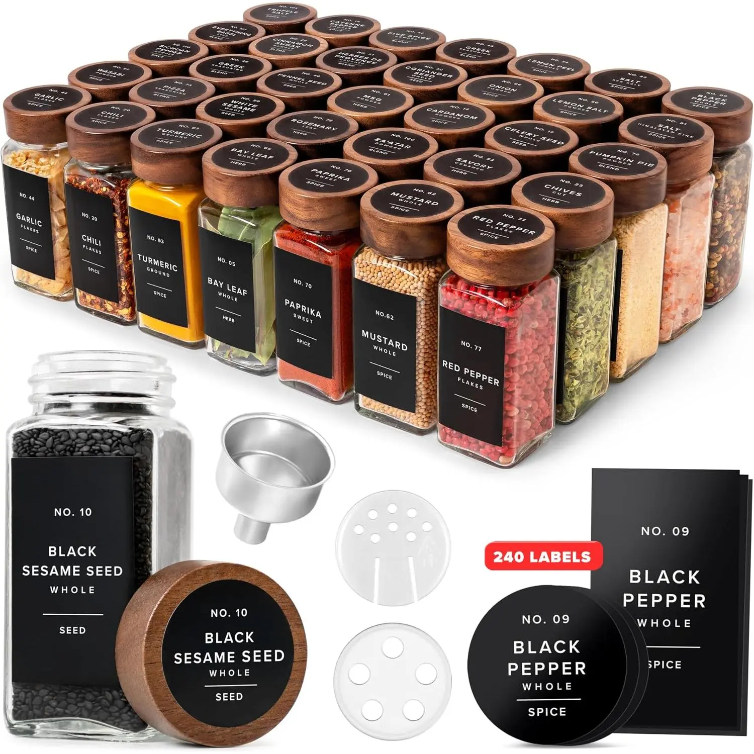 Square  Jars with Acacia Wooden Lid (Pack of 36)  Jars with Shaker Insert and 240 White Labels - Acacia Lid Glass Container for  Organisation [4.3 in x 1.8 in]