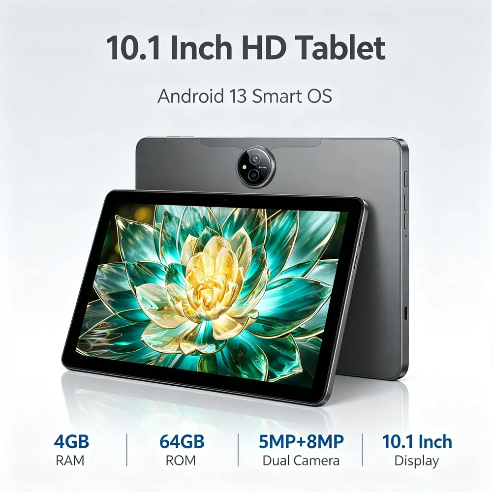 Android 13 tablet with 4GB RAM and 64GB ROM supports cellular network, WIFI, Bluetooth function, and can make calls. The tablet has dual cameras and a large battery capacity