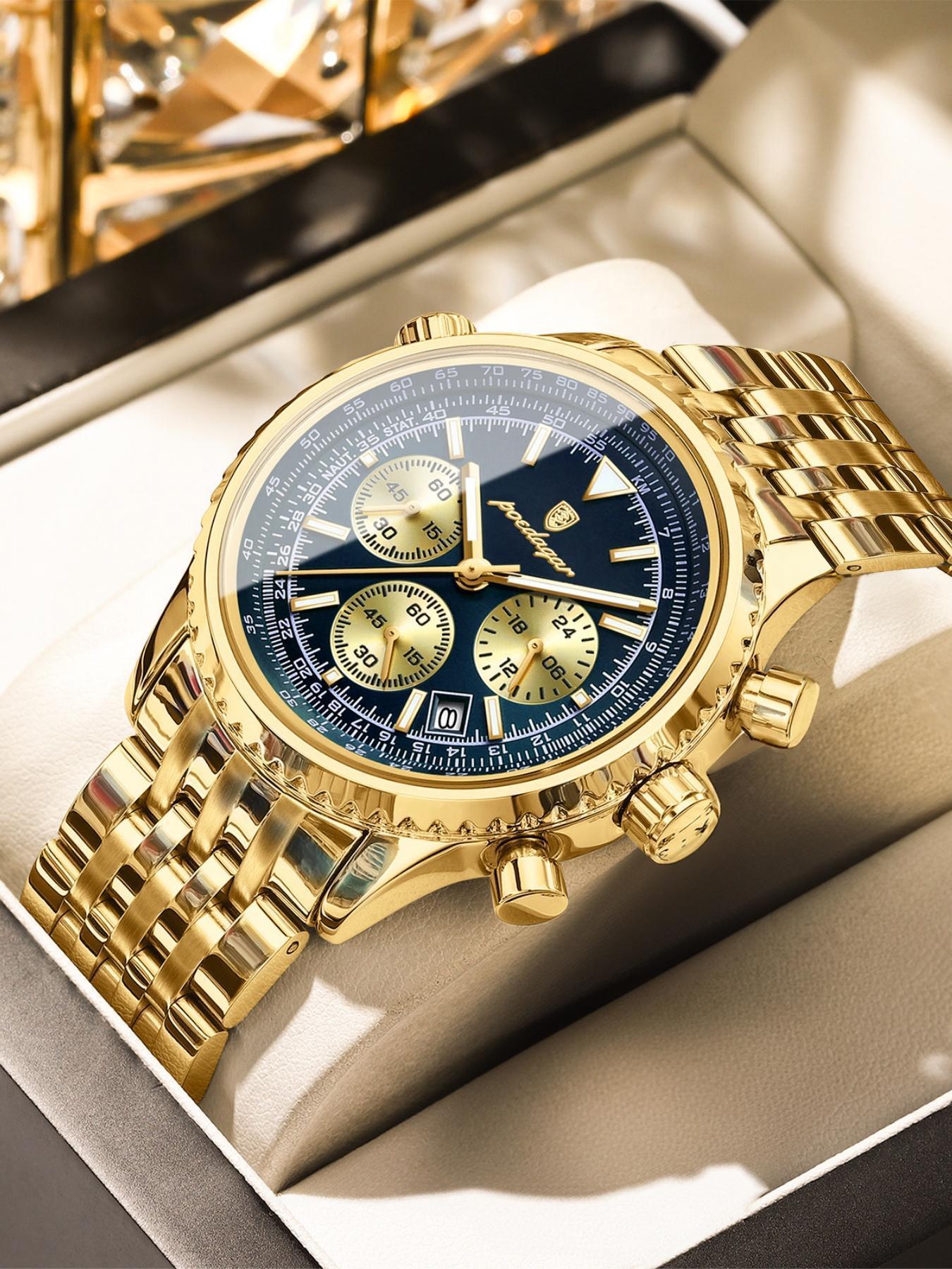 Business Fashion Round Dial Analog Quartz Watches for Men, Trendy Multifunctional Luminous Fashionable Watch, Waterproof Luminous Date Chronograph Watch, Stainless Steel Watch for Men Gifts, with Box