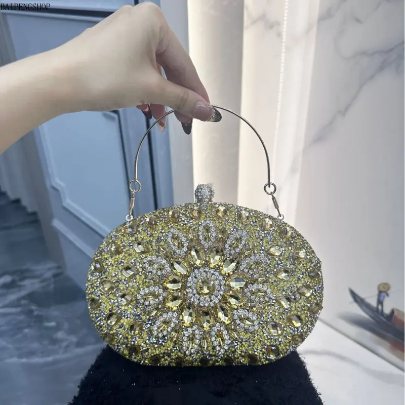 Elegant Floral Rhinestone Oval Evening Bag for Women, Bling Glitter Prom & Wedding Handbag, Fashion Formal Clutch Perfect for Party and Special Occasions
