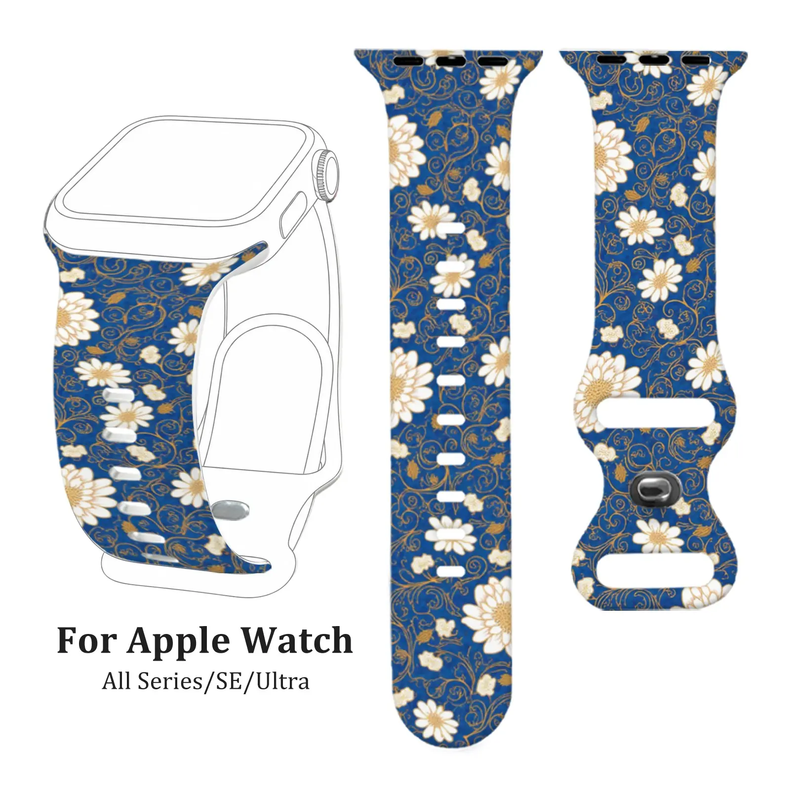 Navy Gold Daisy Vine Print Silicone Strap, Waterproof Sweatproof Soft Fit, For Apple Watch Series 4/5/6/7/8/9/10 SE1/2 Ultra1/2/3, Women Girls, Wedding Party Office Travel, Mother's Day Gift