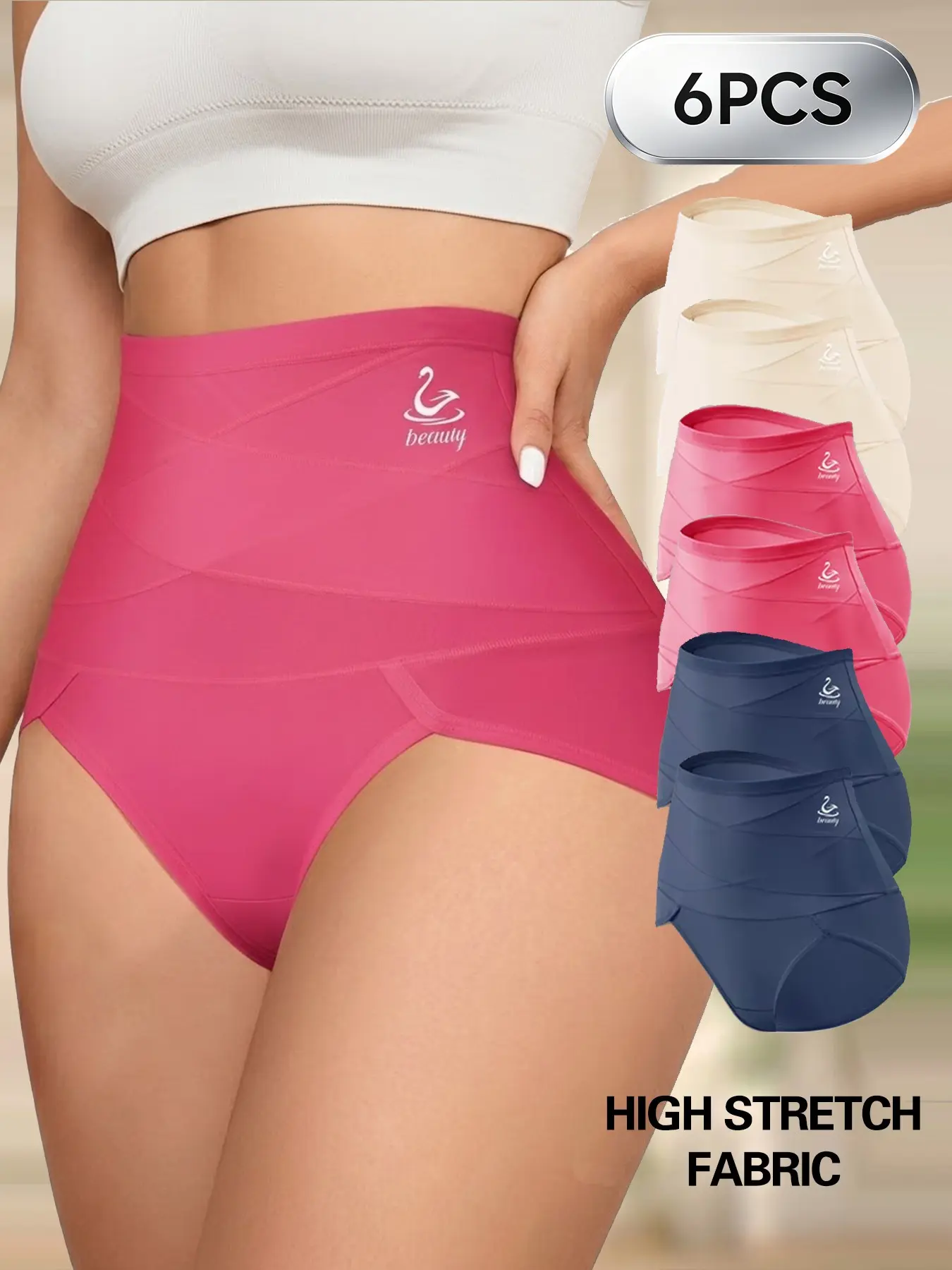 6pcs Soft Mesh High-Waist High Elasticity Briefs Panties for Women, Slim-Fitting Comfortable Underwear, Elegant Plain Design, Ideal for Daily Wear