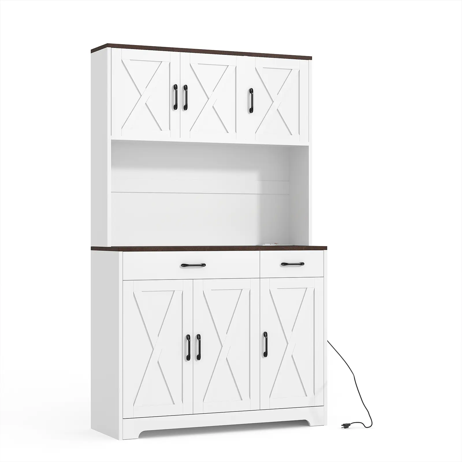 71" White Farmhouse Kitchen Pantry Cabinet - Tall Freestanding Storage Hutch with Charging Spot, Microwave Stand, Drawers for Dining Room, Living Room
