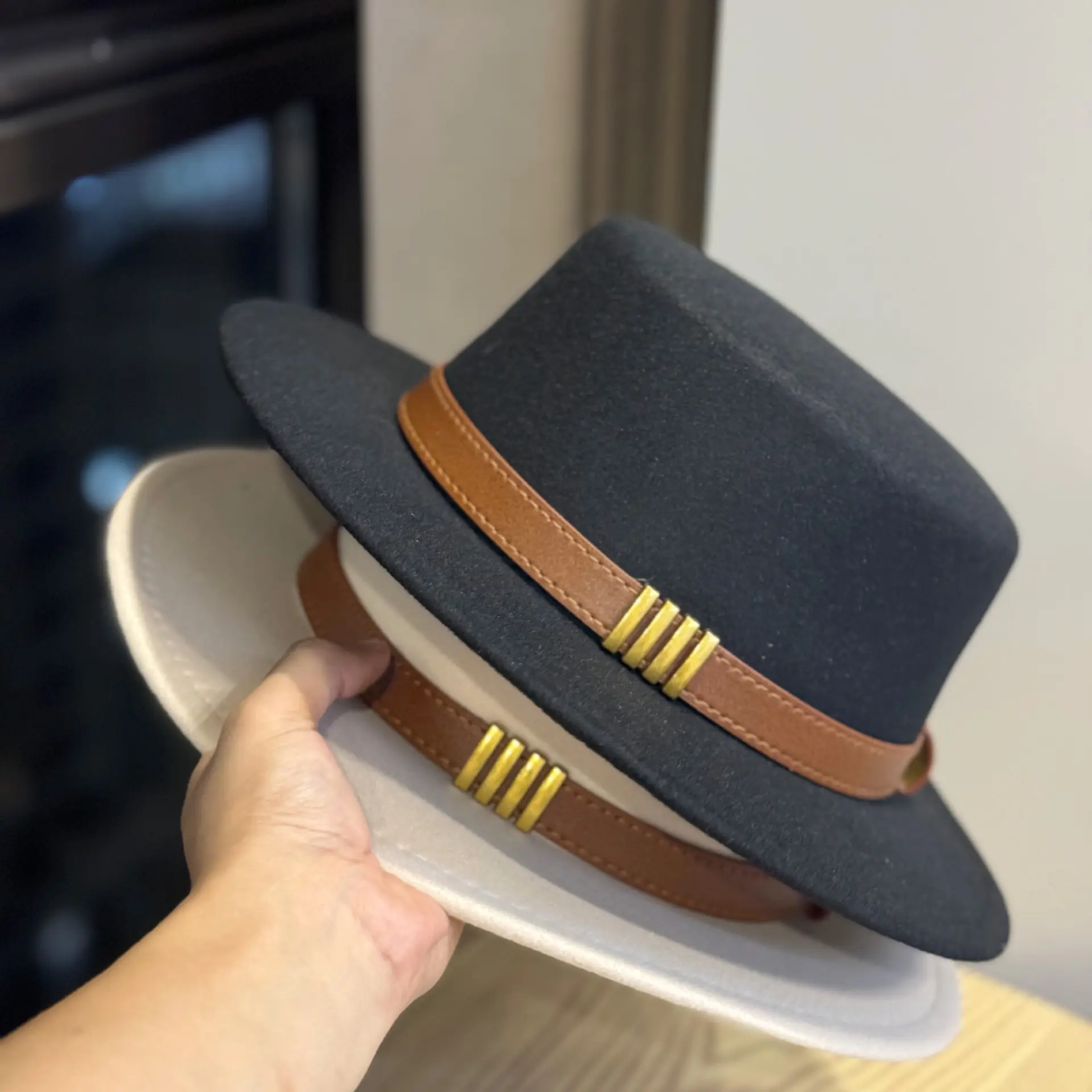 Women's Wide Brim Fedora Hat, Structured Shape Fall Accessory with a Premium Leather Band and Gold Hardware Detail