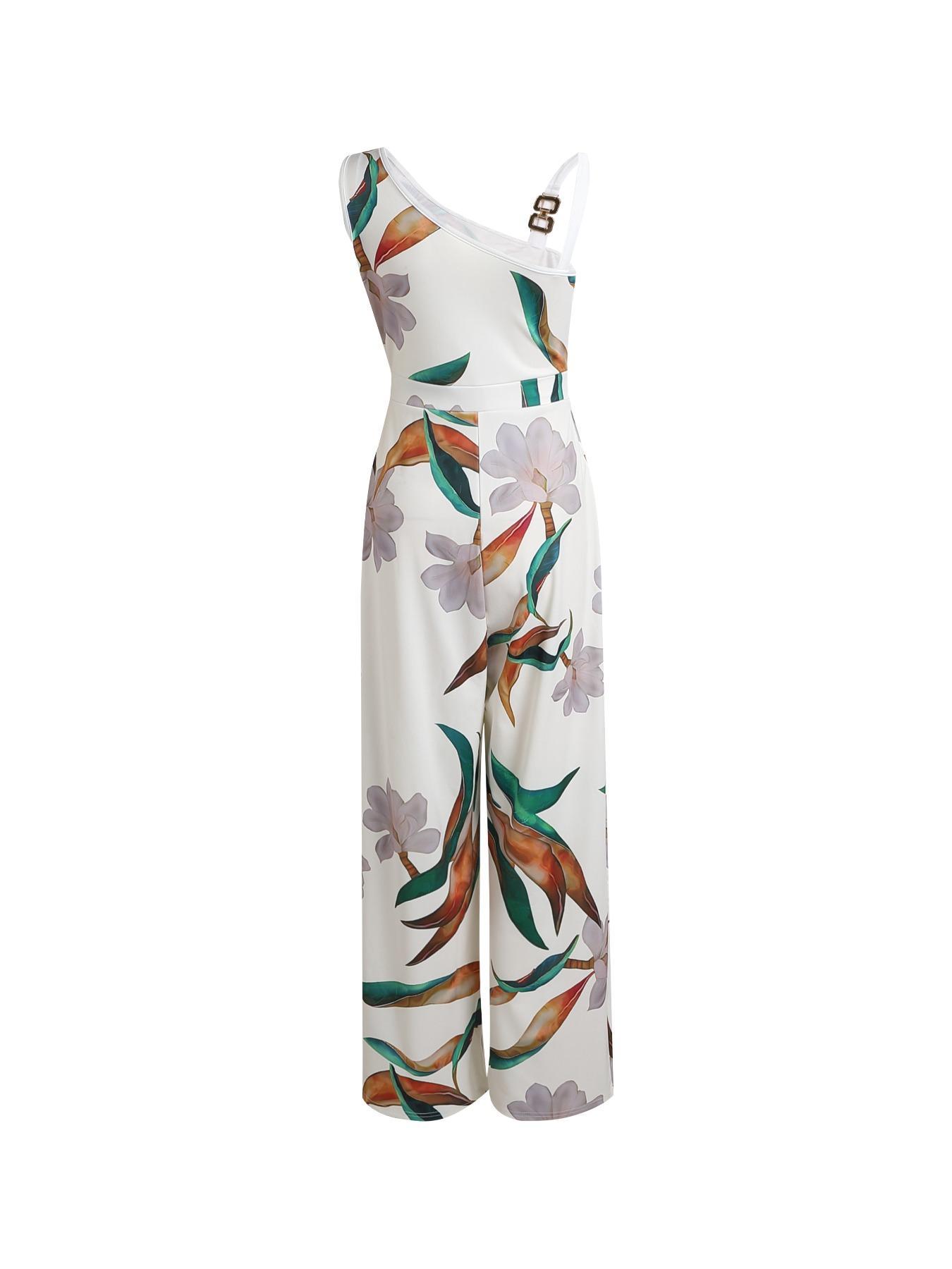 Women's Floral Print Ring Linked Asymmetrical Neck Sleeveless Fitted Plicated Jumpsuit, Boho Casual High Waist Wide Leg Jumpsuit for Summer
