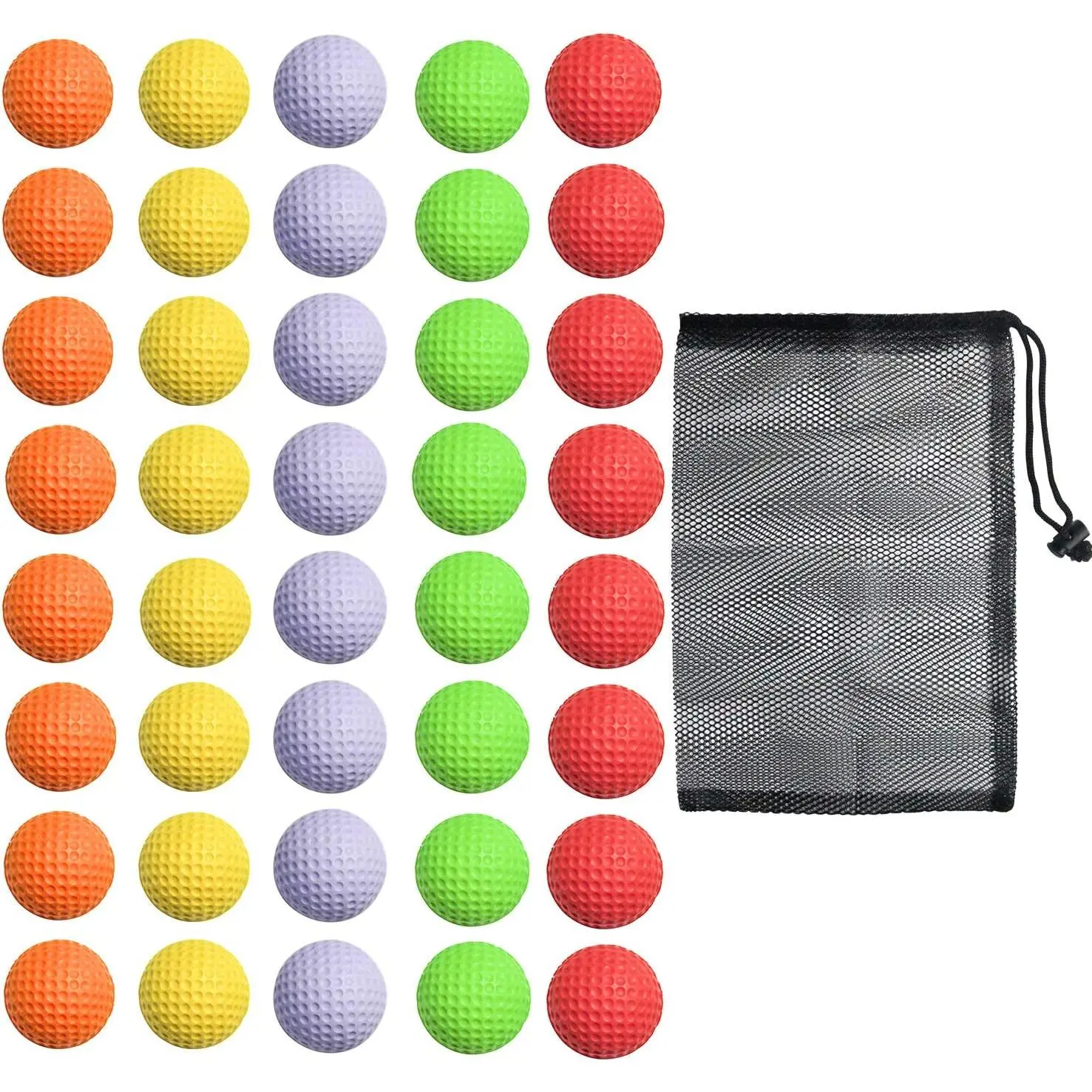 Foam Golf Practice Balls (8-Count Each of 5 Colors, 42.6mm) - Flexible, Lightweight Resin PU Rubber, Dimpled Surface, Realistic Feel, Limited Flight Training Balls with Mesh Bag for Indoor, Outdoor Use, 5 Color, 8 Count Of Each Color