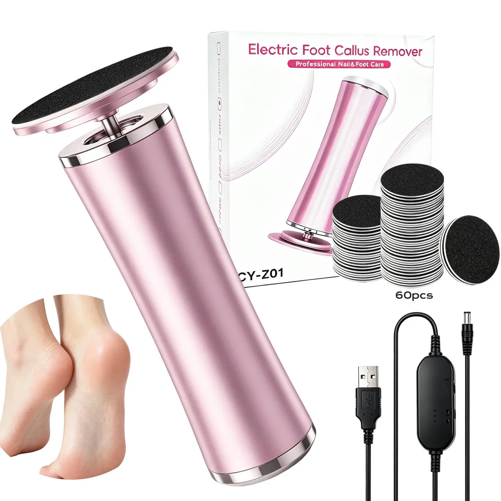 Portable Compact Electric Foot File,USB Rechargeable Aluminium Callus Remover Tool With 60pcs Replacement Sandpaper,Foot Care Product,Nail Care For Home & Travel,Gift for Women