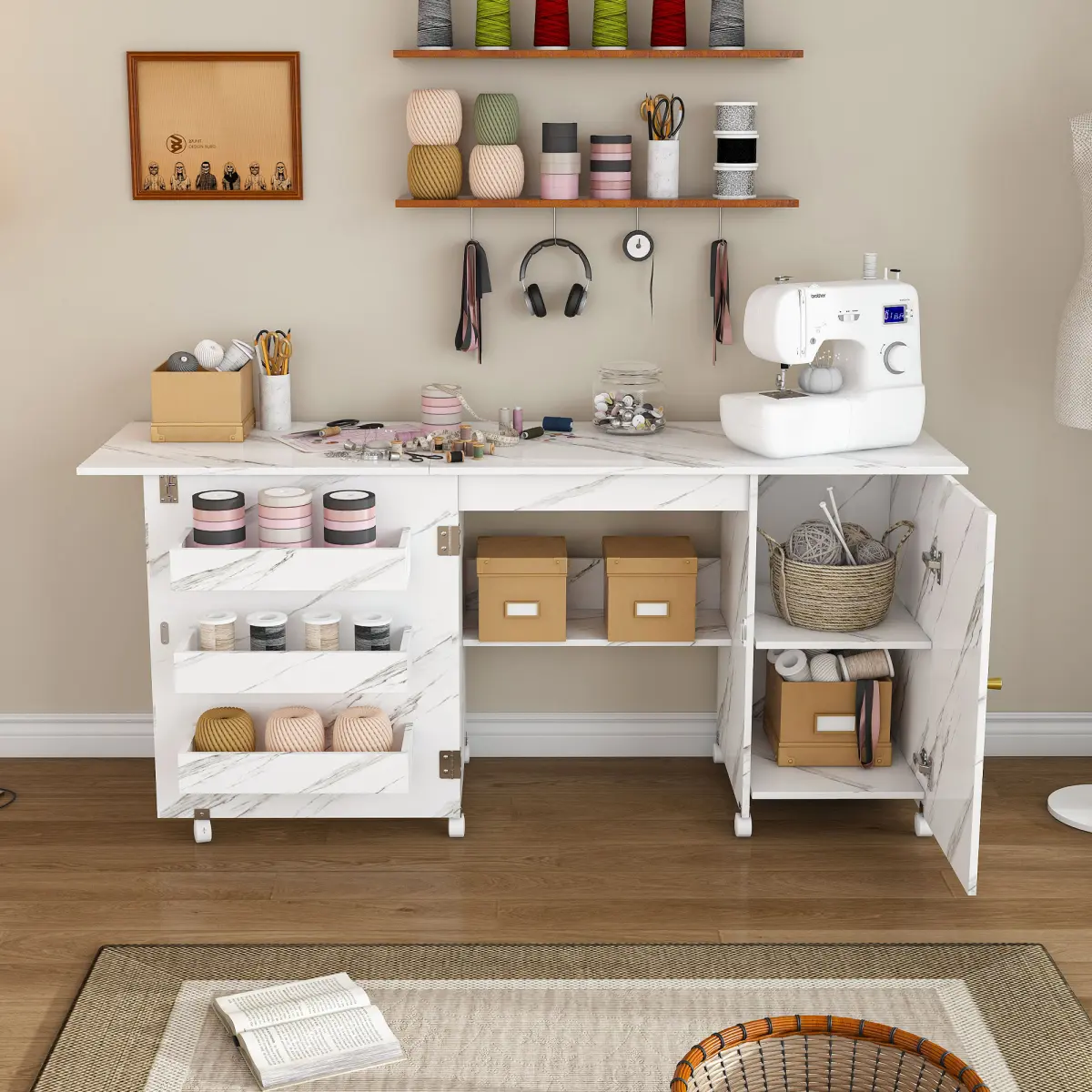 57.5" Foldable Craft Table with Locking Casters, Multi-Storage Sewing Station with Shelves, Bins & Cabinet, Adjustable Home Furniture for Bedroom & Craft Room (White)