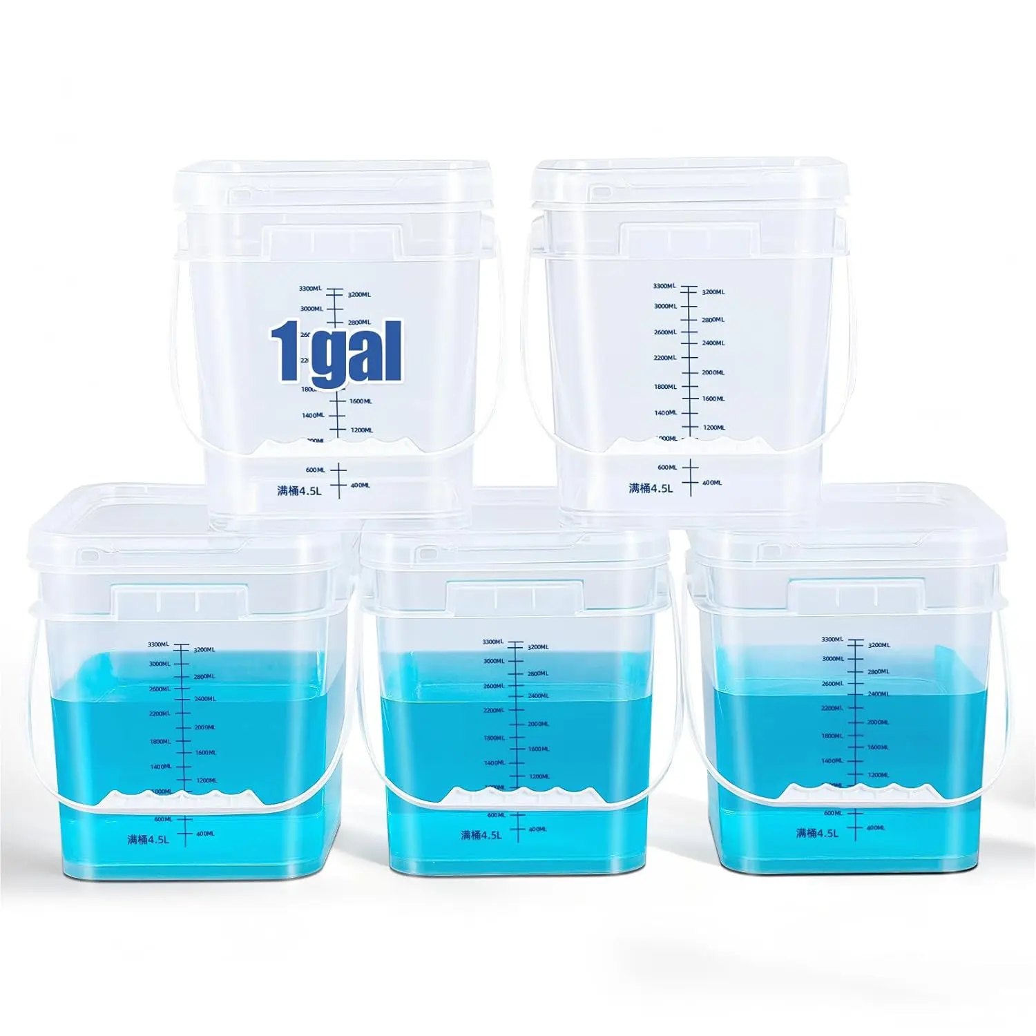 ASEVAT Square 1 Gallon Bucket with Lid, 5 Pack Clear Food Grade Storage Containers with Lids, Pail Container with Handle, Bucket for Cleaning Heavy-Duty Extra Durable BPA Free