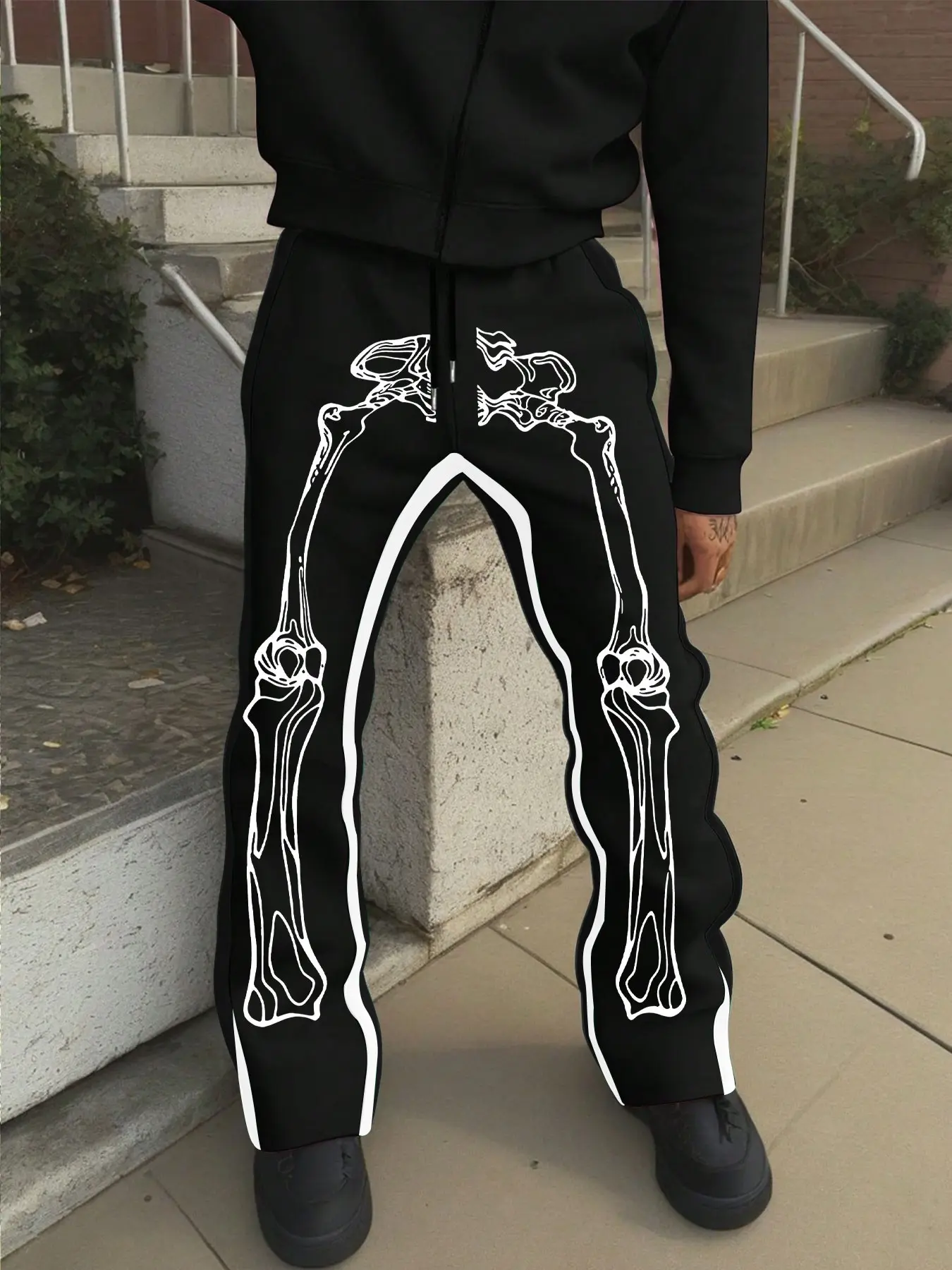 Men's Bell Bottom Pants, Lightweight Patchwork Drawstring Waist, Side Print Design, Skull Pattern, Casual All-Season Wear
