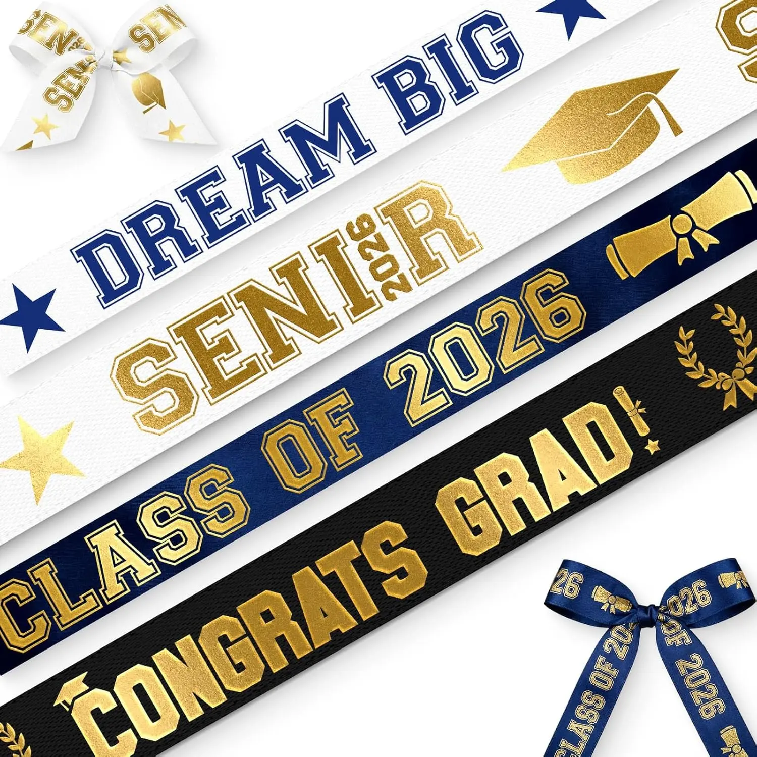 Class of 2026 Graduation Satin Ribbon 4 Pack, Gold Foil Royal Blue Satin Ribbons (7/8" & 3/8" x 5 Yards Each) Senior 2026 Grad Party Decorations, Gift Wrapping & Ceremony Supplies