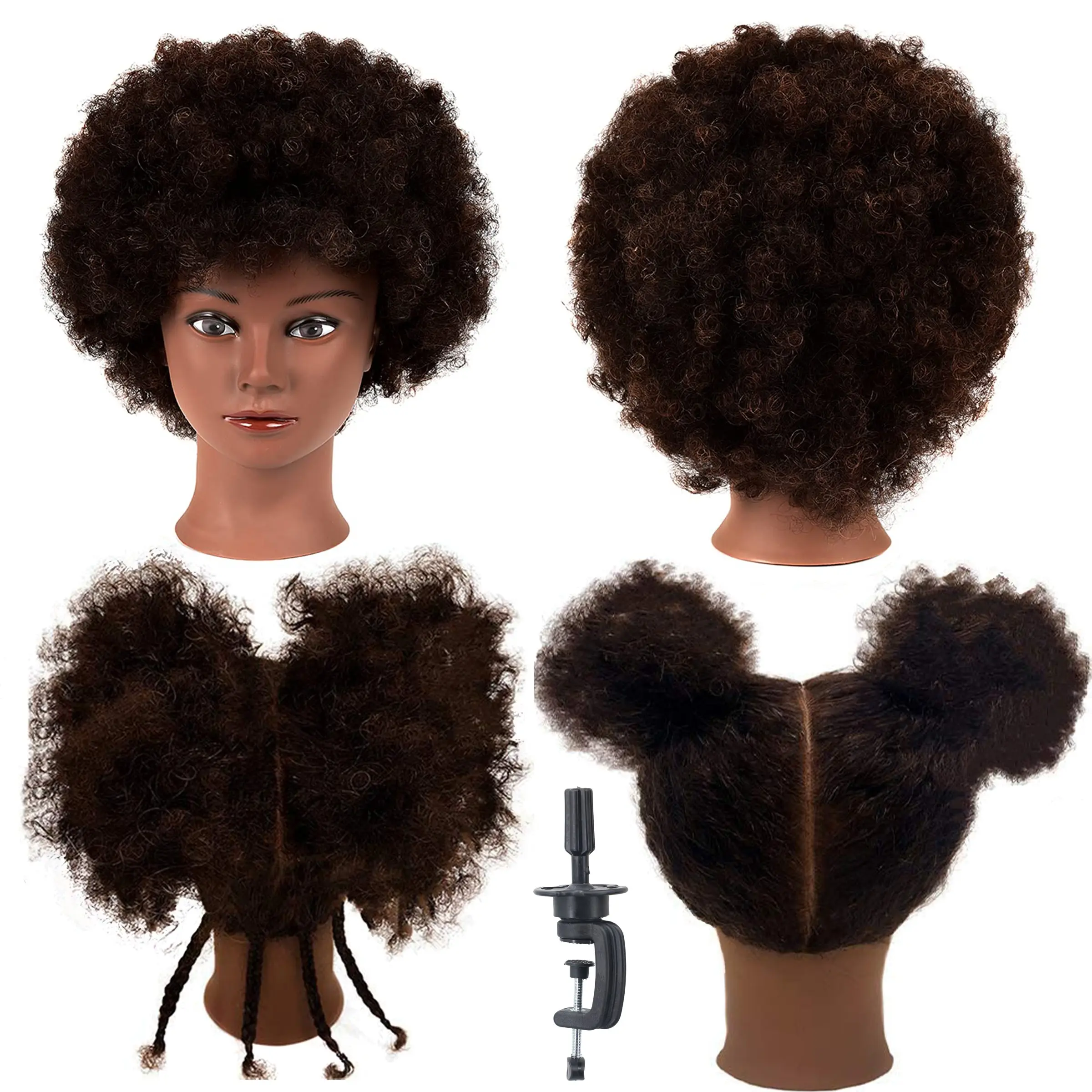100%-Real-Hair Mannequin Training Head, Cosmetology Doll Practice Head for Hairdresser, Female 10 Inches Afro Hair Manikin with Free Clamp Holder