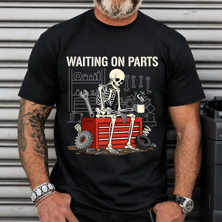 Streetwear Skeleton Mechanic Graphic Tshirt, Unisex Relaxed Fit Short Sleeve Cotton Top for Casual Daily Wear, Shortsleeve, Retro, Outfits, Loose, Print, T-Shirt