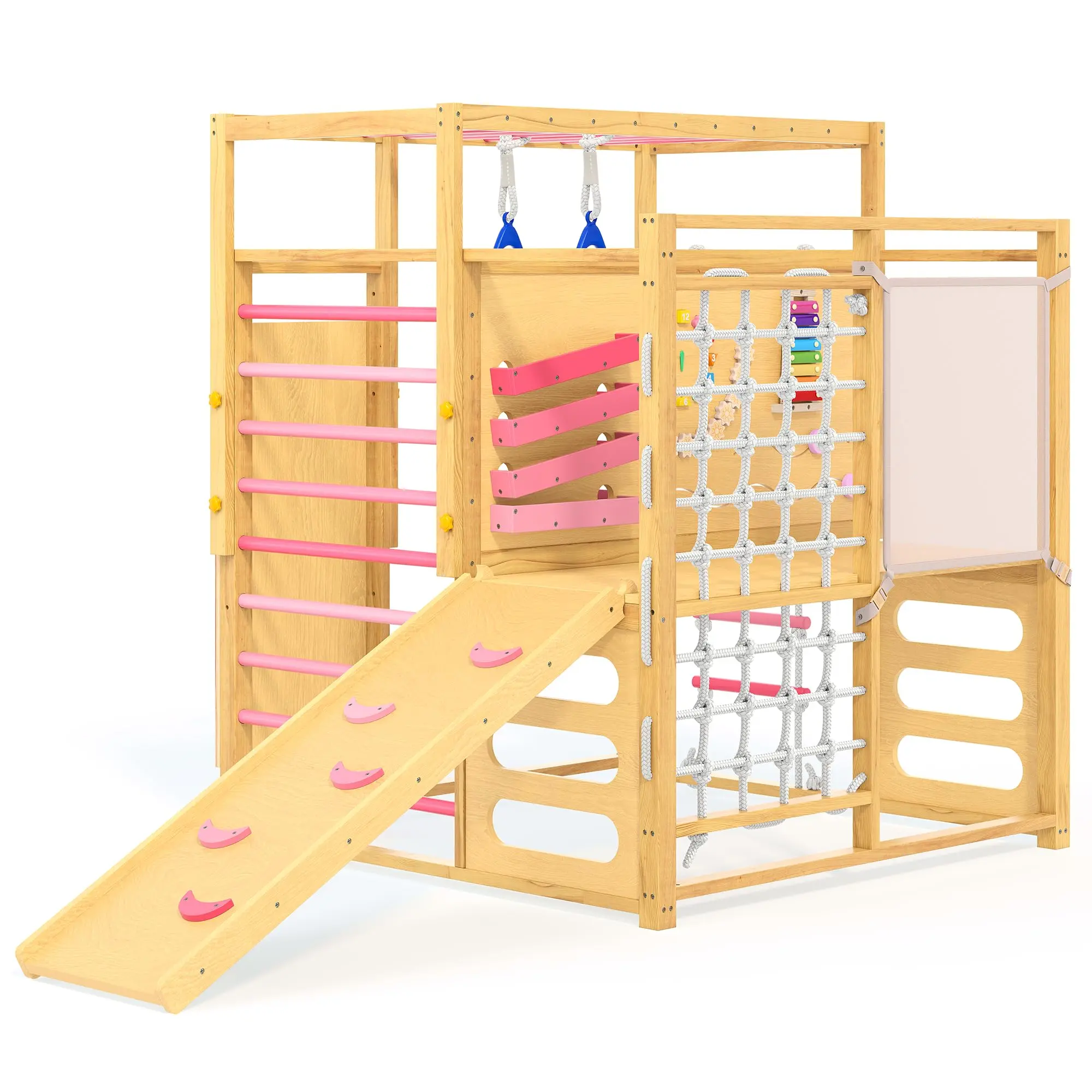 9-in-1 Wooden Indoor Jungle Gym for Kids Ages 2-8 – Climbing Playset with Adjustable Height, Slide, Monkey Bars, Rope Ladder, Rock Wall, Net & Rings – Compact, Safe Toddler Playground