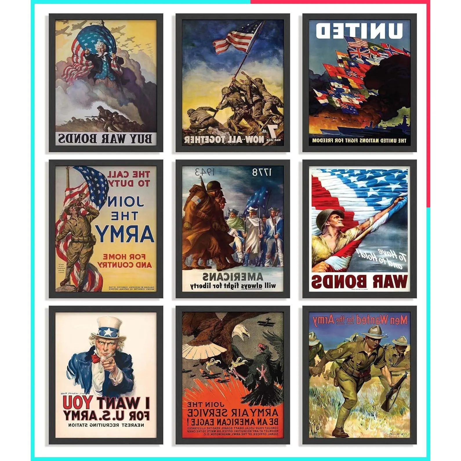 9pcs Vintage WW2 Propaganda Posters - 8x10 Unframed Cardstock Prints with Glue Dots, US History Classroom Decorations
