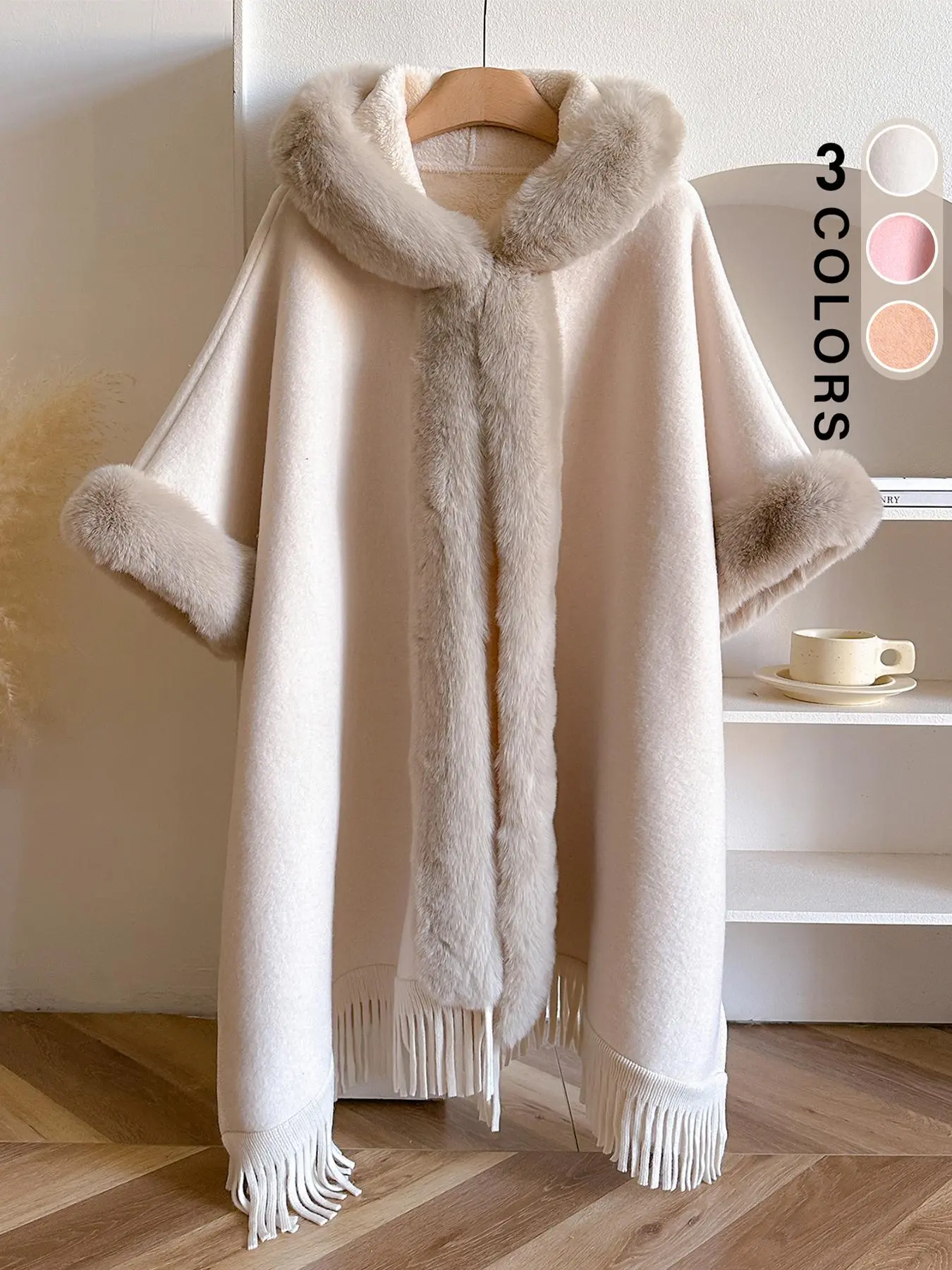 Women's Solid Color Tassel Trim Hooded Cape Shawl, Casual Warm Thick Plush Open Front Cape Shawl for Fall & Winter, Fashion Accessories for Women