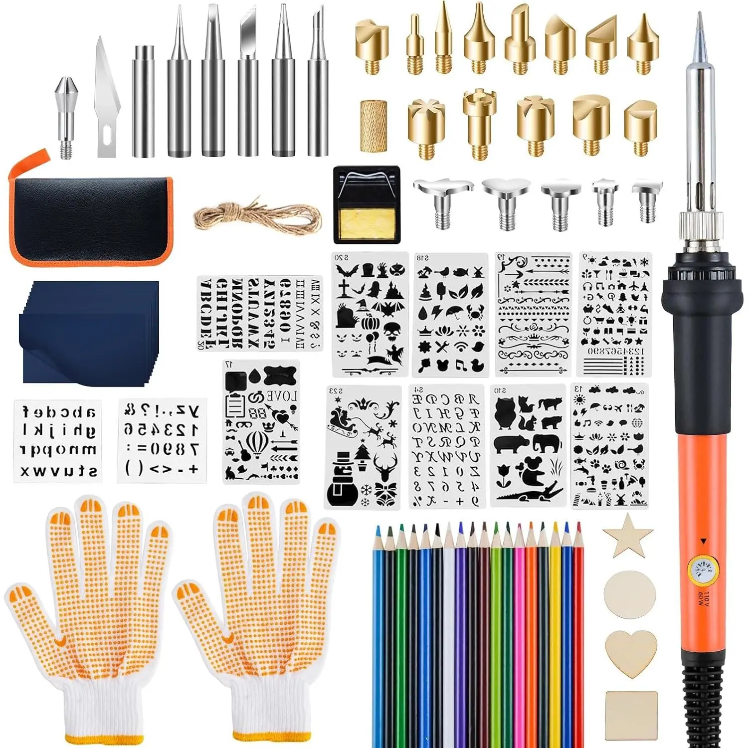 121pcs Wood Burning Tools Kit with Gloves, Pyrography Tips, Adjustable 200~450°C Temperature Switch, Professional Pyrography Pen Set for Embossing, Carving, Soldering