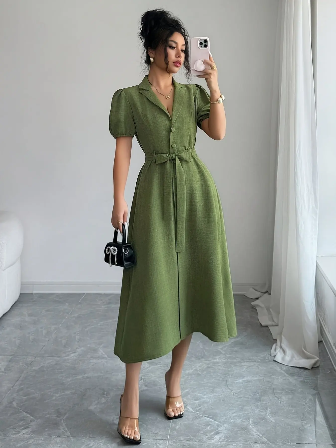 Avocado Suit Dress, Belted Sleeve Dress, Casual Wear, Waist Cinch Tie Belt, Conceals Fat, Tummy Flattering Dresses, Slimming Fit Bubble Sleeve, Elegant Long Dress, Perfect for All Seasons