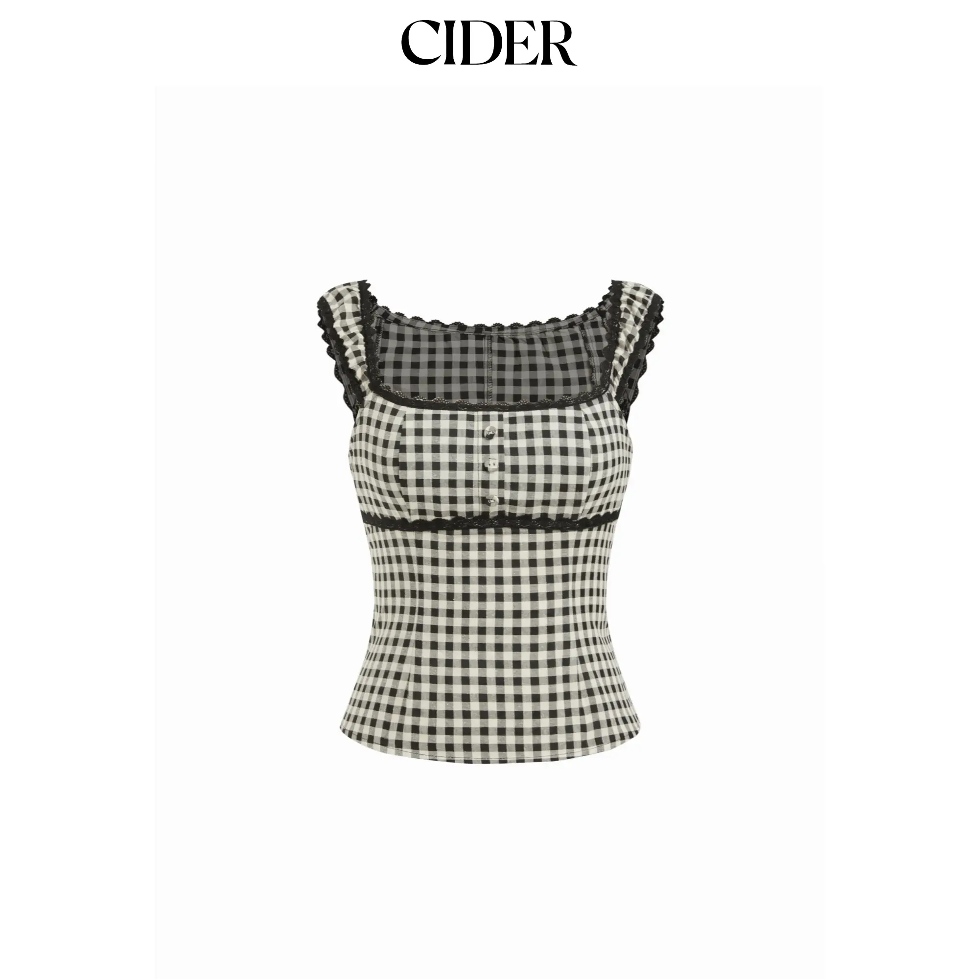 Cider Gingham Square Neck Contrasting Lace Blouse