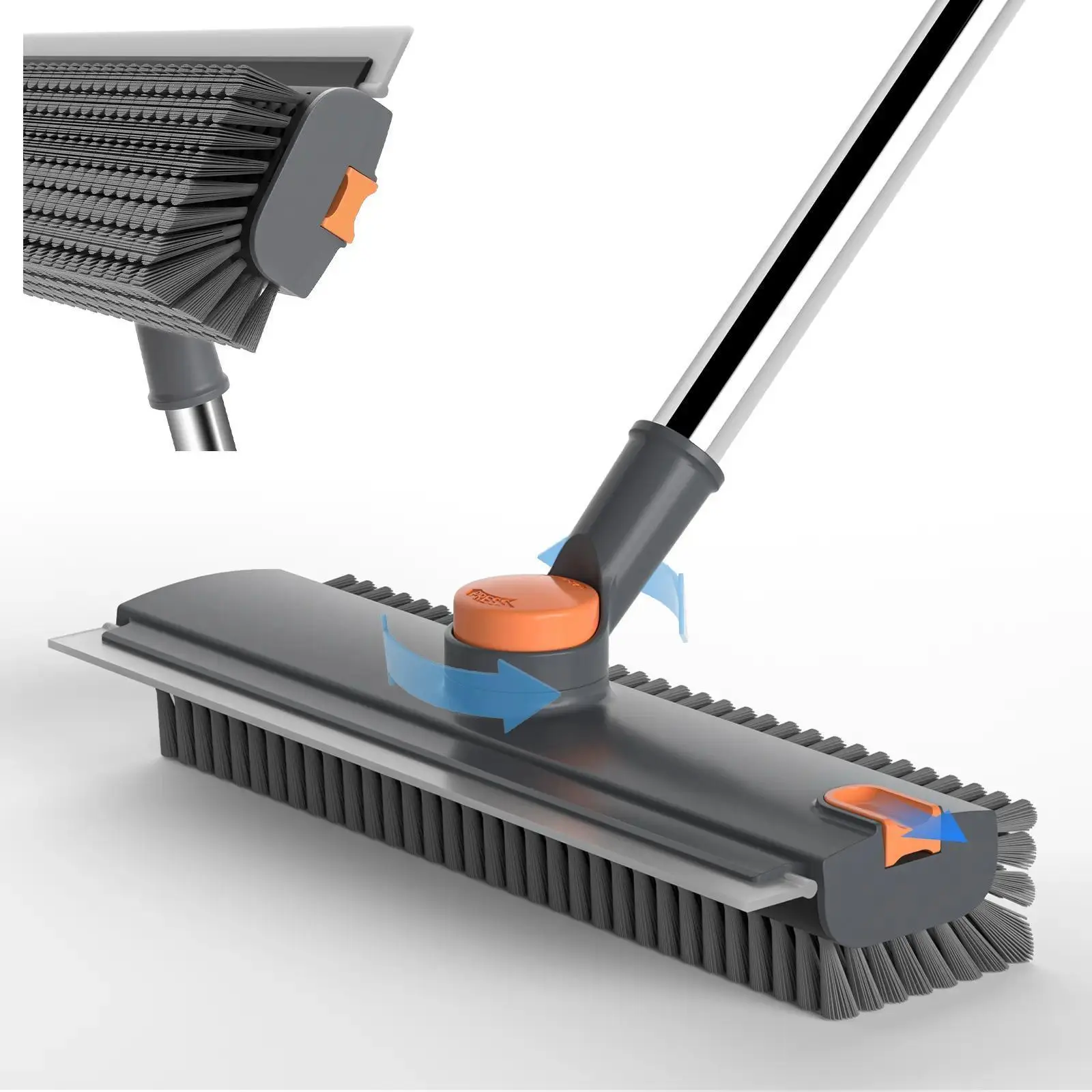 3-in-1 Heavy Duty Rotatable Long Handle Floor Scrub Brush & Squeegee Broom - Cleaning Supply, Home Cleaning Tools, Adjustable Length Stainless Steel Handle, Rotating Silicone Bristles, Household Multi-Surface Tool for Tile, Glass