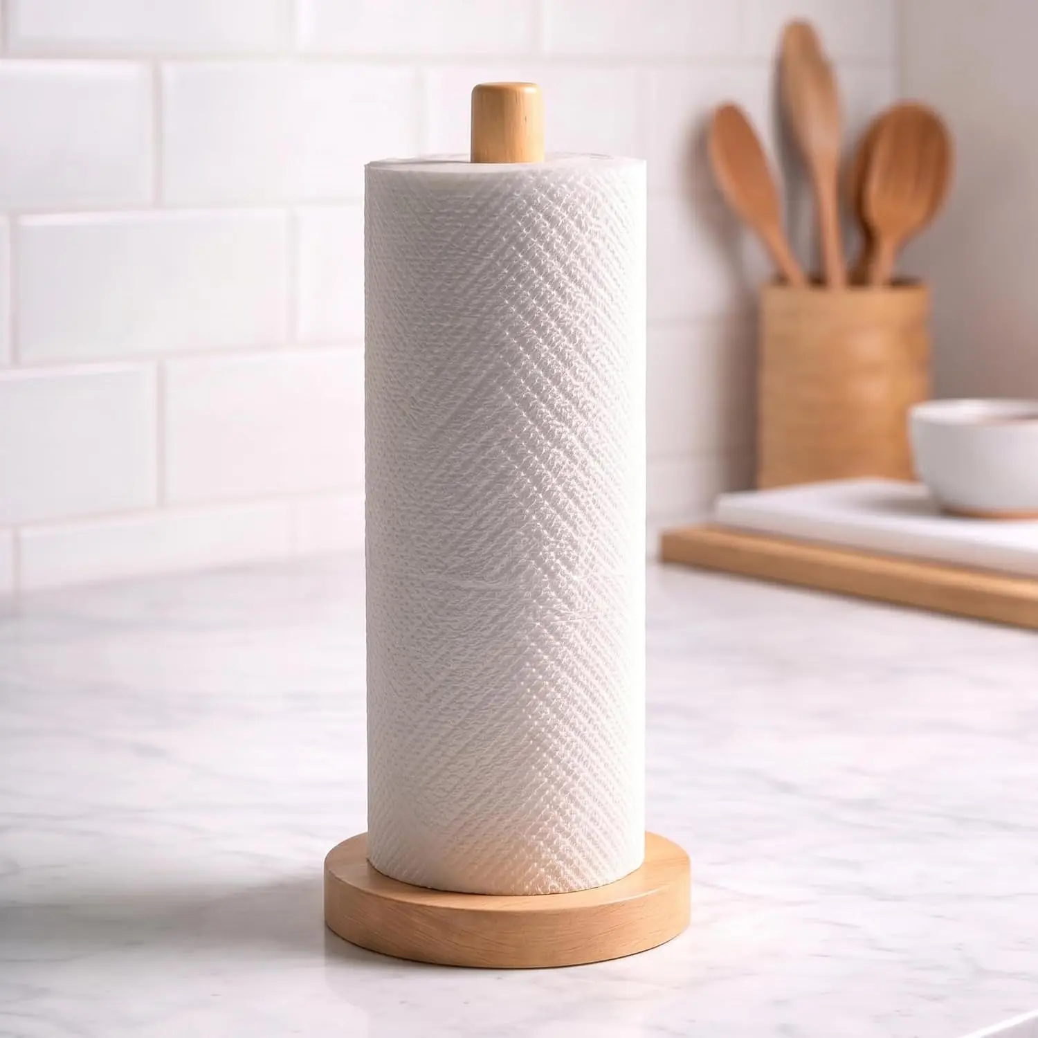 Wooden Paper Towel Holder for Countertop, Solid Beech  Stand with Non-Slip Base, Fits Standard Kitchen Rolls, Easy Assembly,  Paper Towel Dispenser