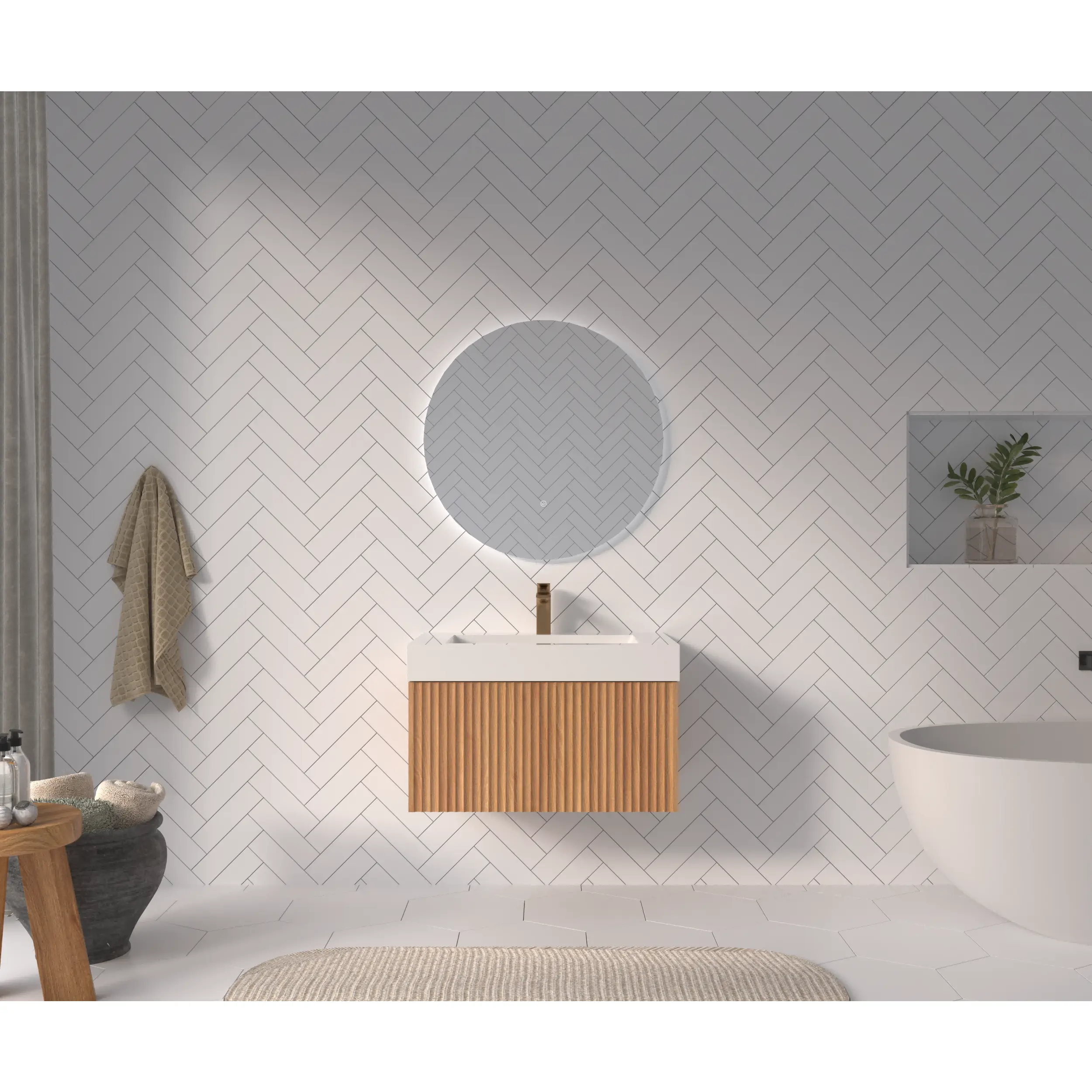 ARCH 30 Inch Wall Mounted Floating Bathroom Vanity with Integrated Sink, Modern Minimalist Plywood Cabinet in Acacia Finish, Compact Space-Saving Design for Small Bathrooms, Single Basin Vanity Unit, Bathroom Furniture for Vanity Area, Storage
