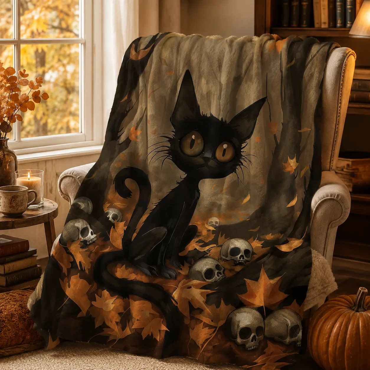Spooky Black Cat Flannel Fleece Blanket, Gothic Skull & Autumn Forest Throw Blanket, Cute Halloween Cat Blanket for Couch Bed, Cozy Witchy Home Decor Gift