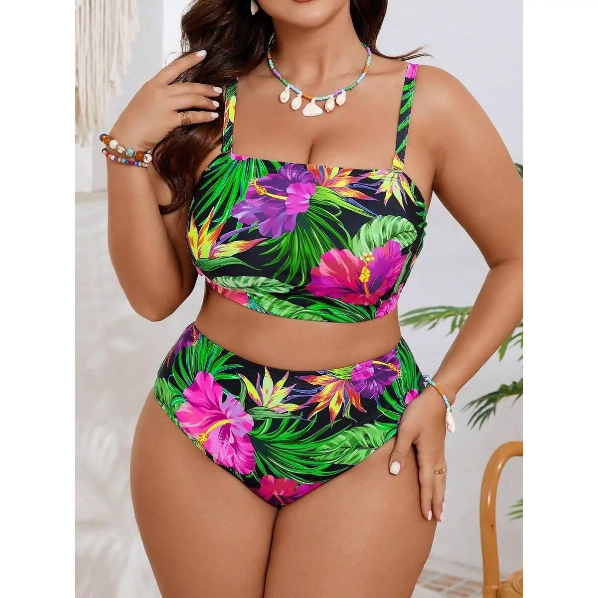 Plus Size Boho Tropical Floral Bikini Set, 2-Piece High Waist Swimsuit with a V-Wired Convertible Push-Up Top, Women's Matching Sets, Matching Sets