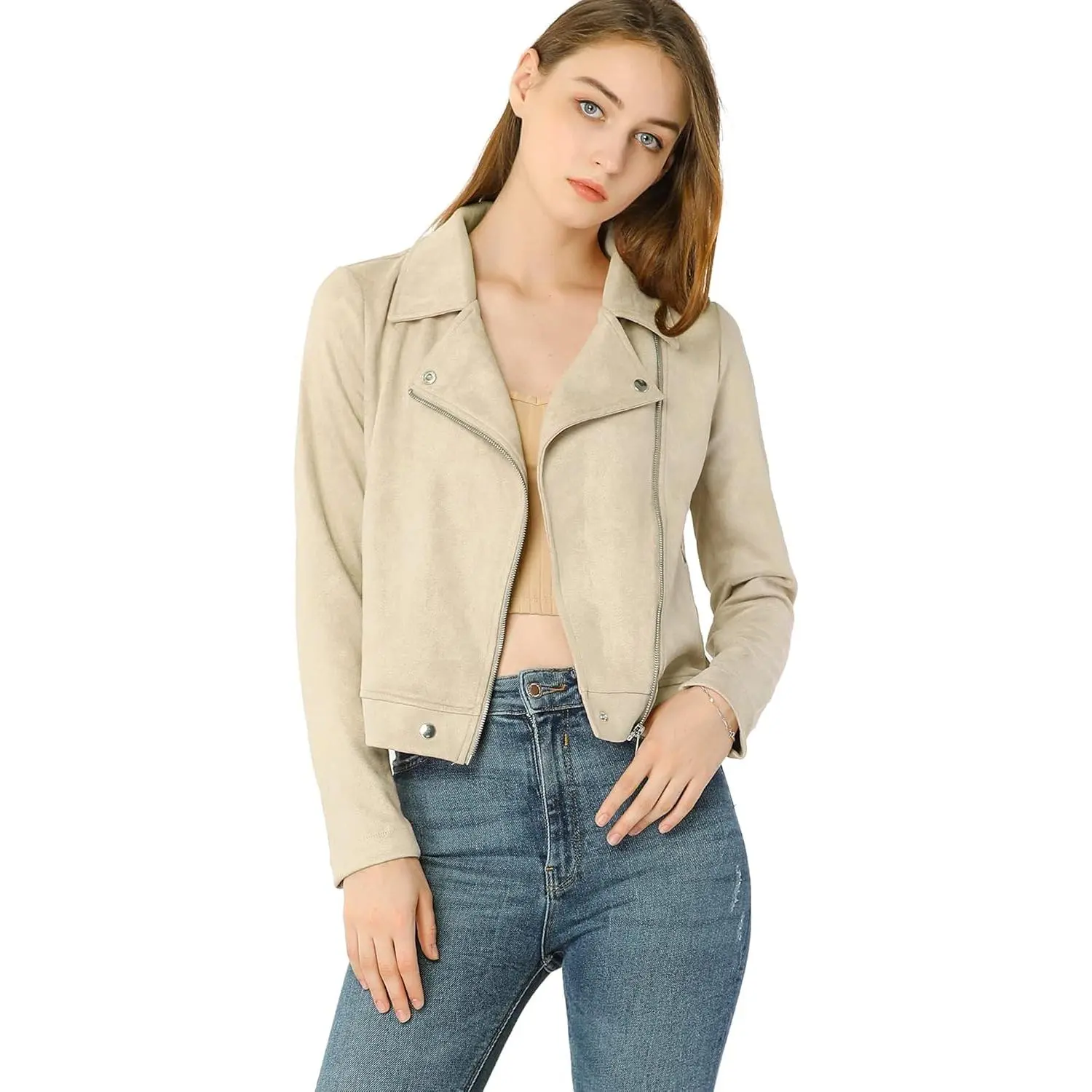Women's Short Soft Zip Up Faux Suede Biker Moto Jacket