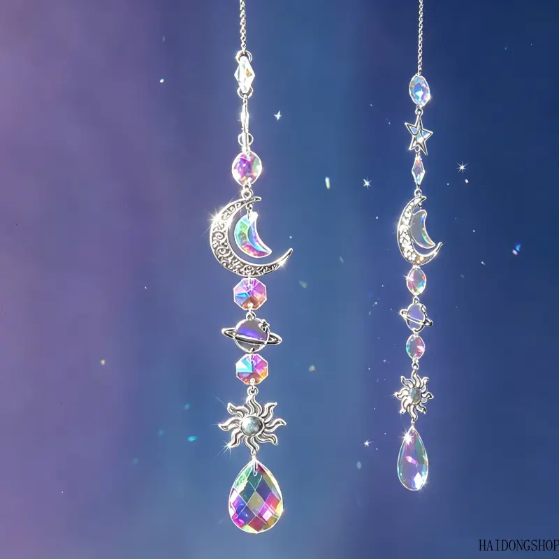 Boho Viral Cottagecore Spiritual Celestial Sun Moon Star Planet Crystal Wind Chime Light Catcher For Home, Rainbow Prism Hanging Decor, Whimsical Accessory For Window Balcony Patio Garden Courtyard Styling Movable Finger Steampunk Robot Charm emerald