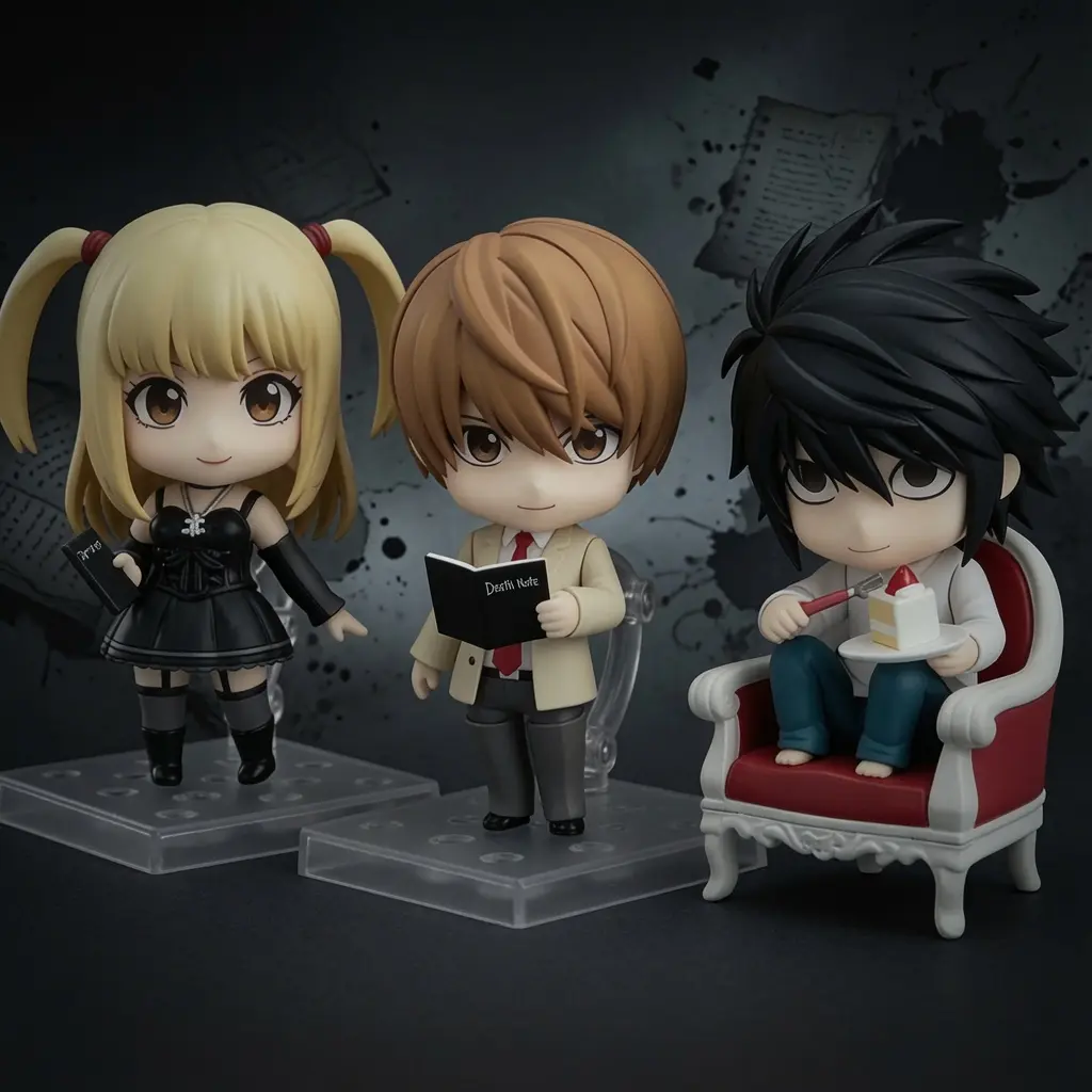 Death Note 2.0 Figures - L #1200, Light Yagami #1160 & Misa Amane #2674 - Fully Articulated Q Version Action Figures with Interchangeable Faces & Accessories - Collectible Anime Statues, Boxed Model Toys, Ideal Gift for Death Note Fans