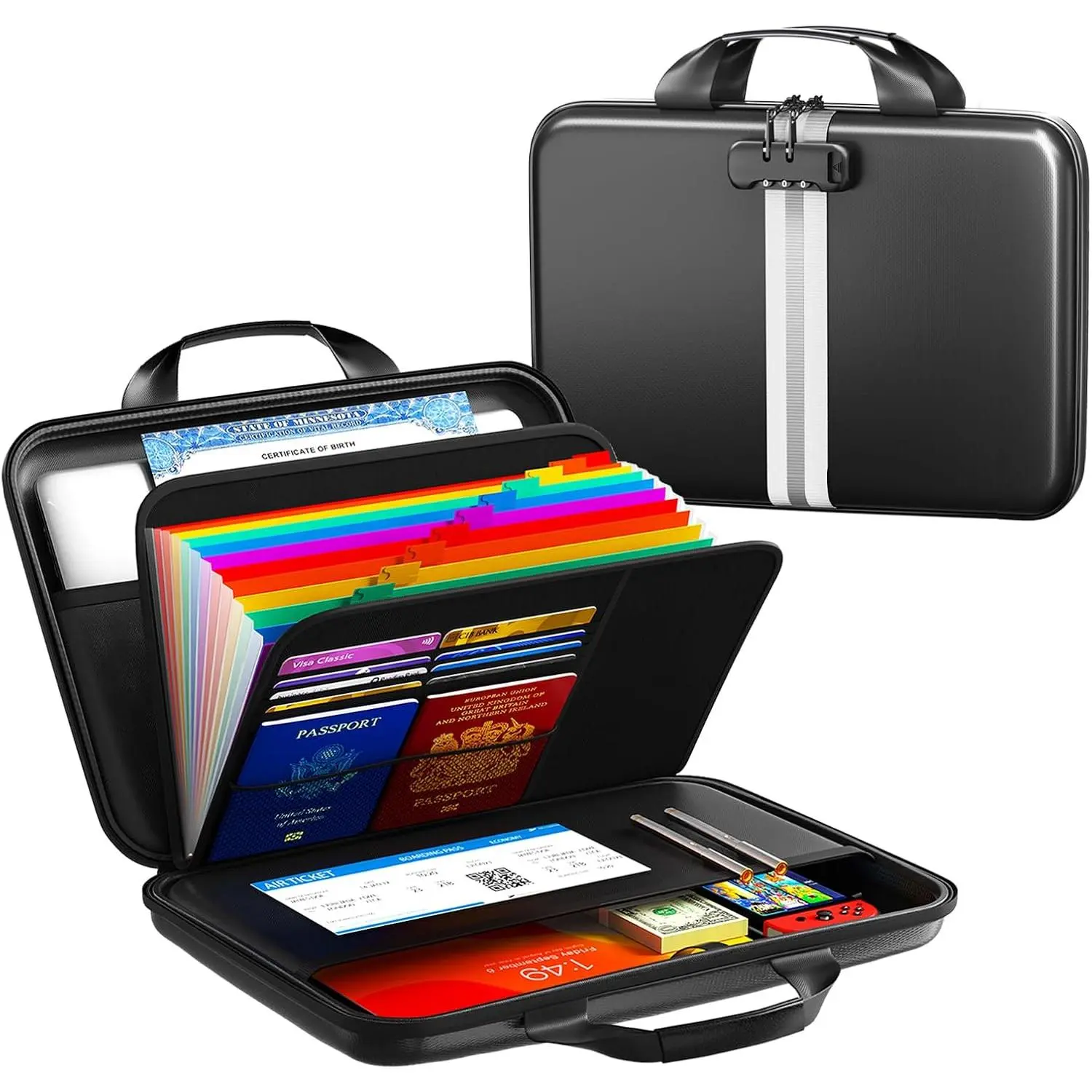 Fireproof Document Organizer with Lock, Semi-Rigid EVA Shell File Box with 13-Pocket Accordion Folder, Water-Resistant Storage for Important Documents,  &