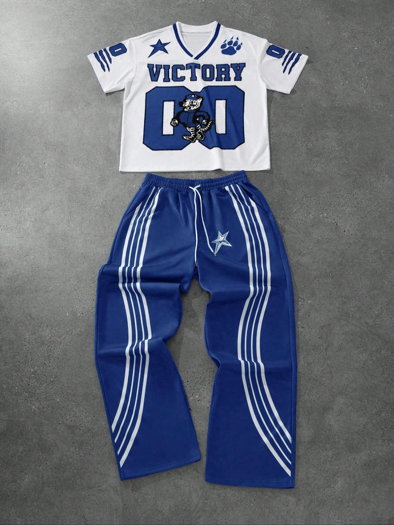 Men's Letter & Star Print Tee & Striped Trim Pants Pyjama Two-piece Set, Men's Sleepwear for Summer