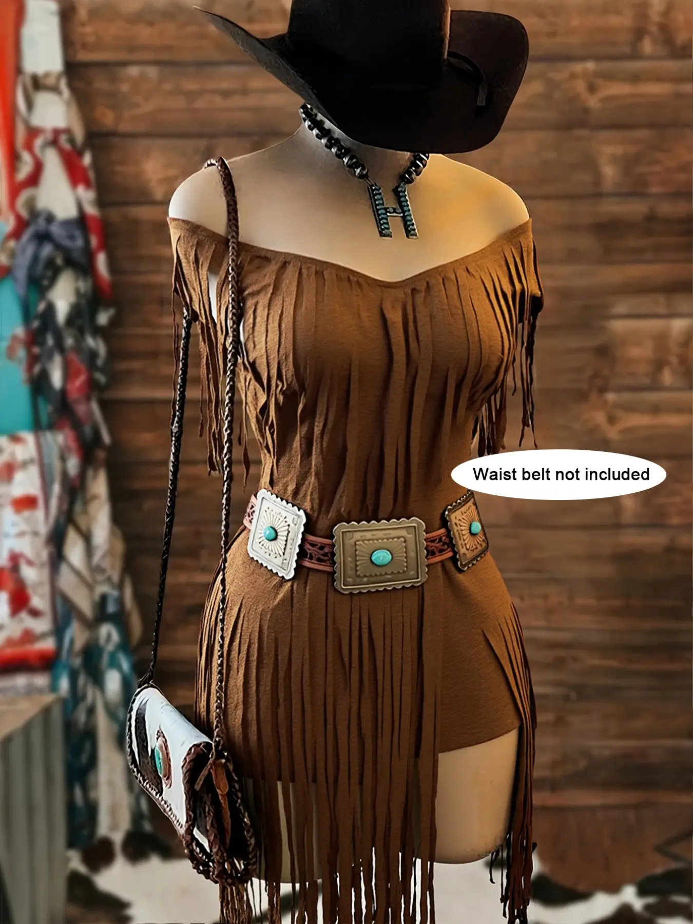 Women's Western Fringe Mini Dress, Off Shoulder Low Deep V Neck Bodycon Party Dress (Belt Not Included)