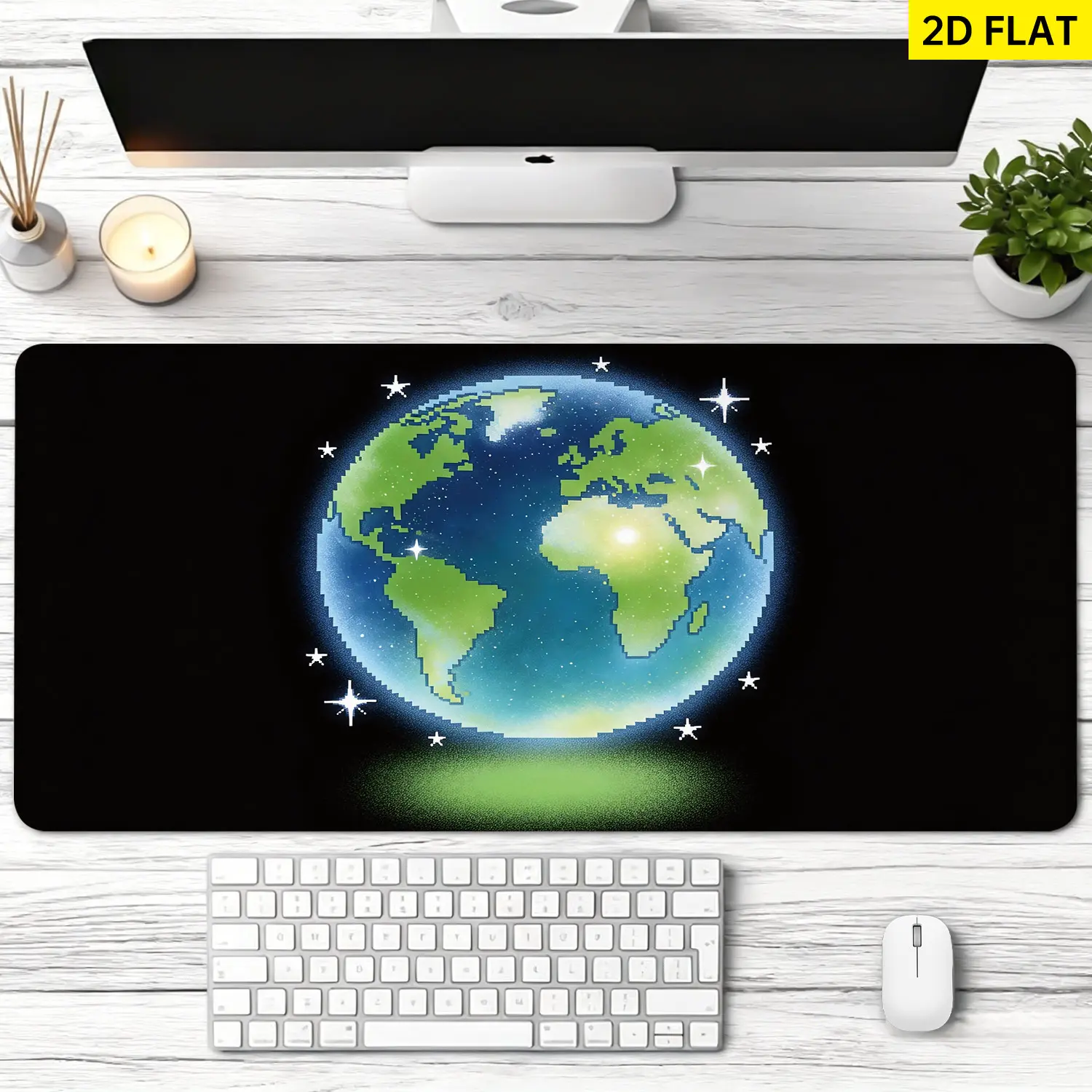 Extra Large Pixel Art Earth Galaxy & 3D Banana Design Mouse Pad - Non-Slip Rubber Base Computer Desk Accessory with Stitched Edges, Precise Control, Washable Unisex Desktop Mat for Gamers, Office, Gaming