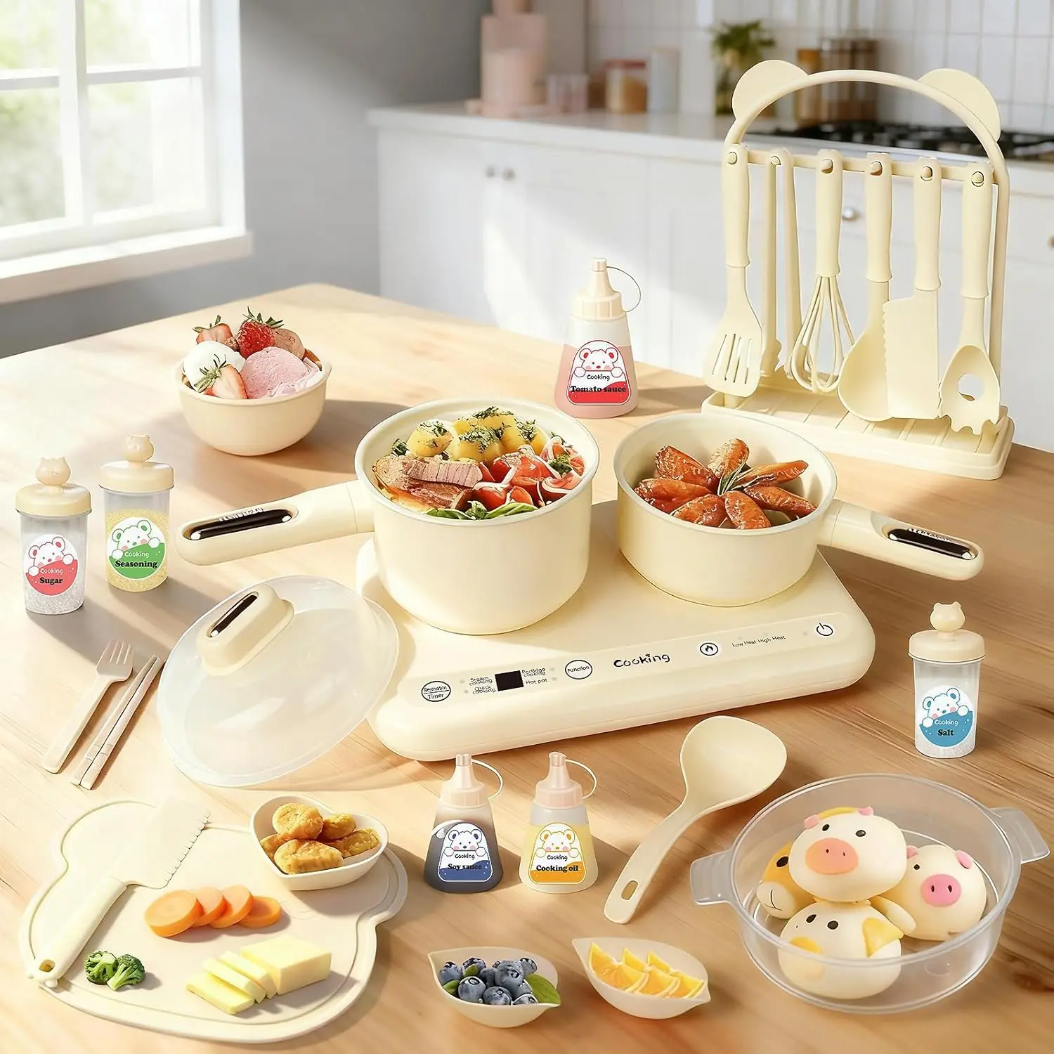 Junior Size Montessori Toys Kitchen Mini-Set, Real Food-Making Kit with Easy Setup, Beige Indoor Play Furniture
