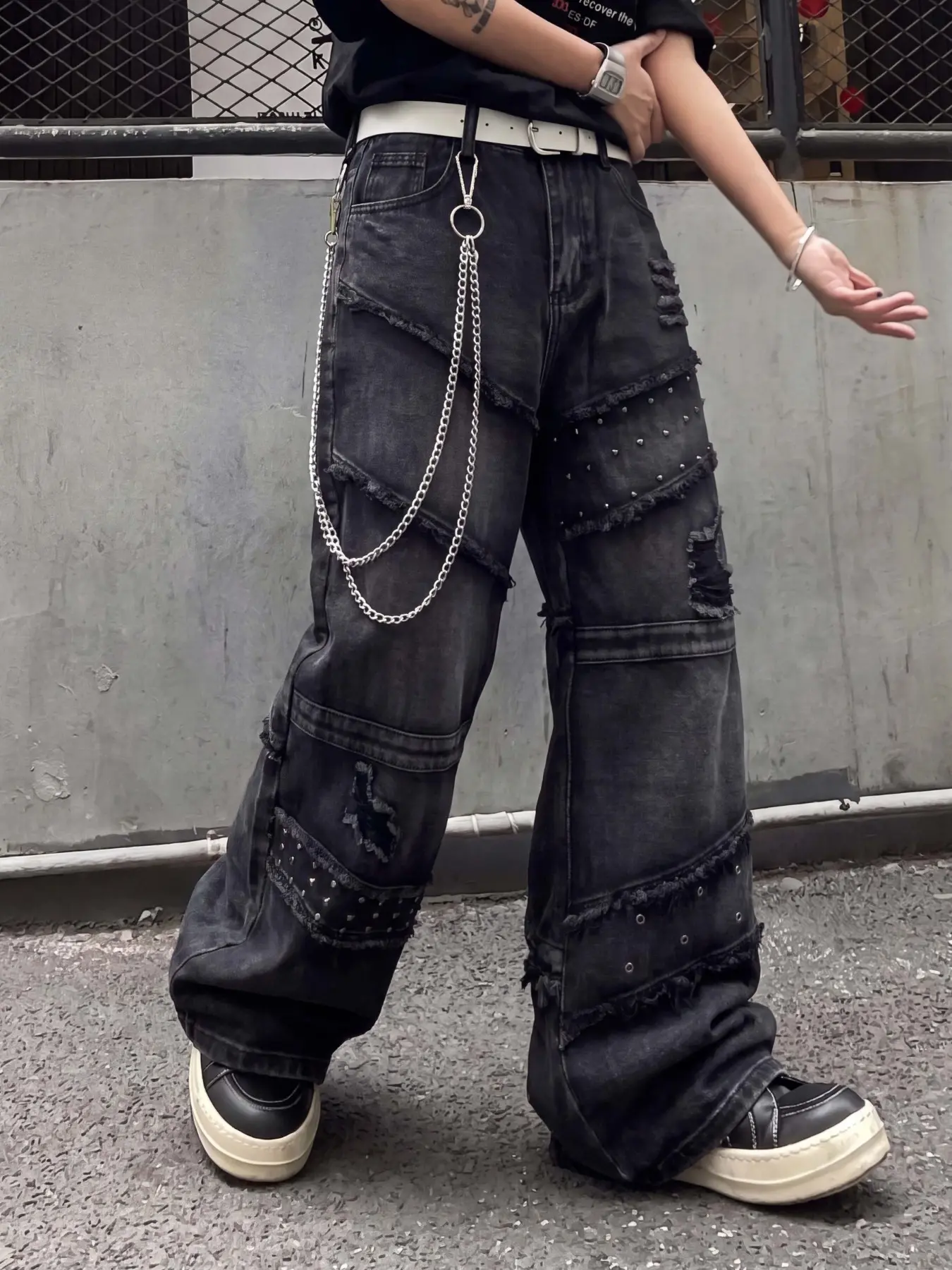 Men’s Black Straight Leg Streetwear Denim Jeans, Multi-Layer Frayed Patchwork With Rivet Ripped Details, Wasteland Punk Y2K Street Fashion Trousers