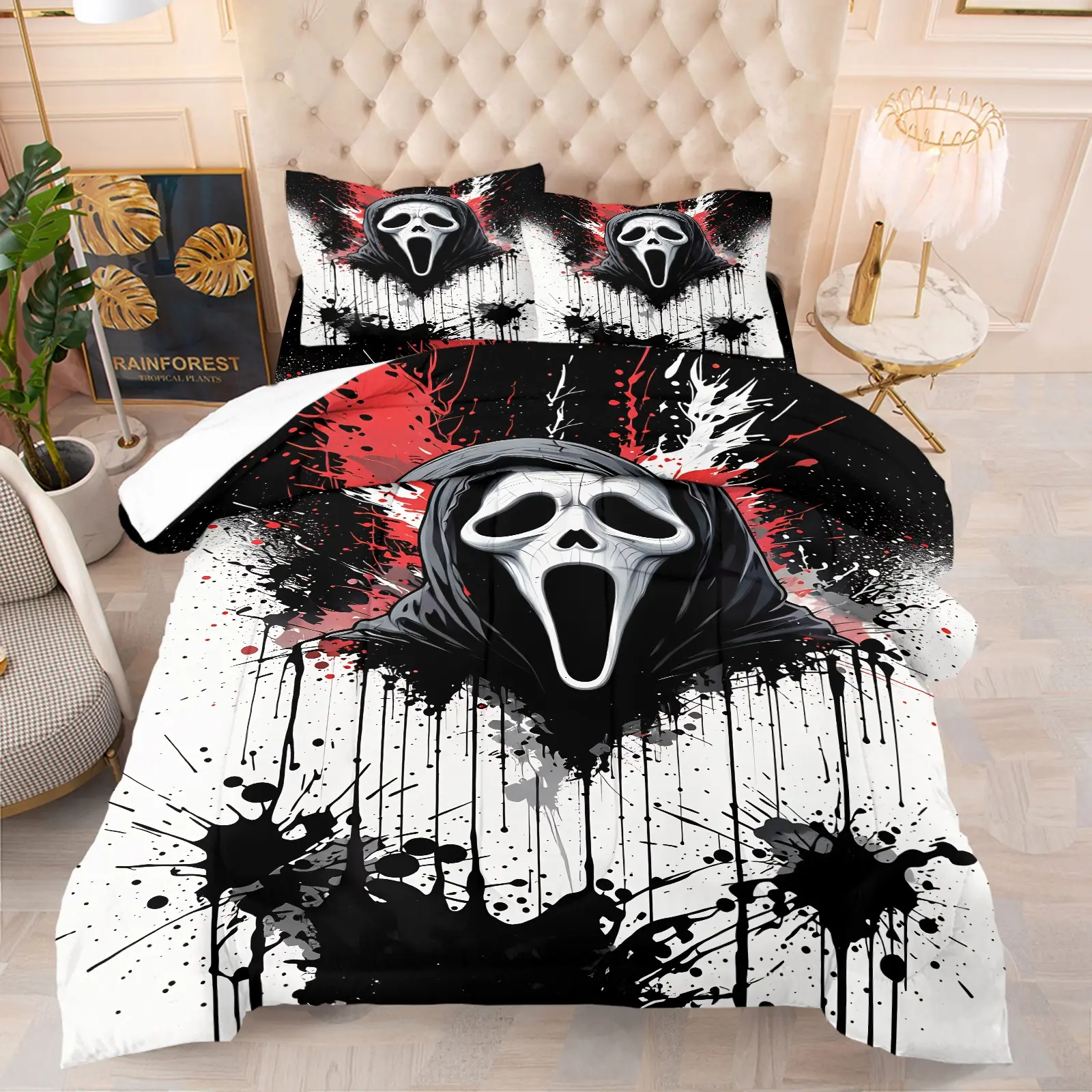Ghost Mask Killer Ink Splatter Dark Comforter Set-Horror Subculture Bedding-Hooded White Ghost Face & Paint Splatter-Dark Style Bedroom and Boys Gaming Room Decor-Print Bedding Set-1 Quilt + 1-2 Coreless Pillowcases